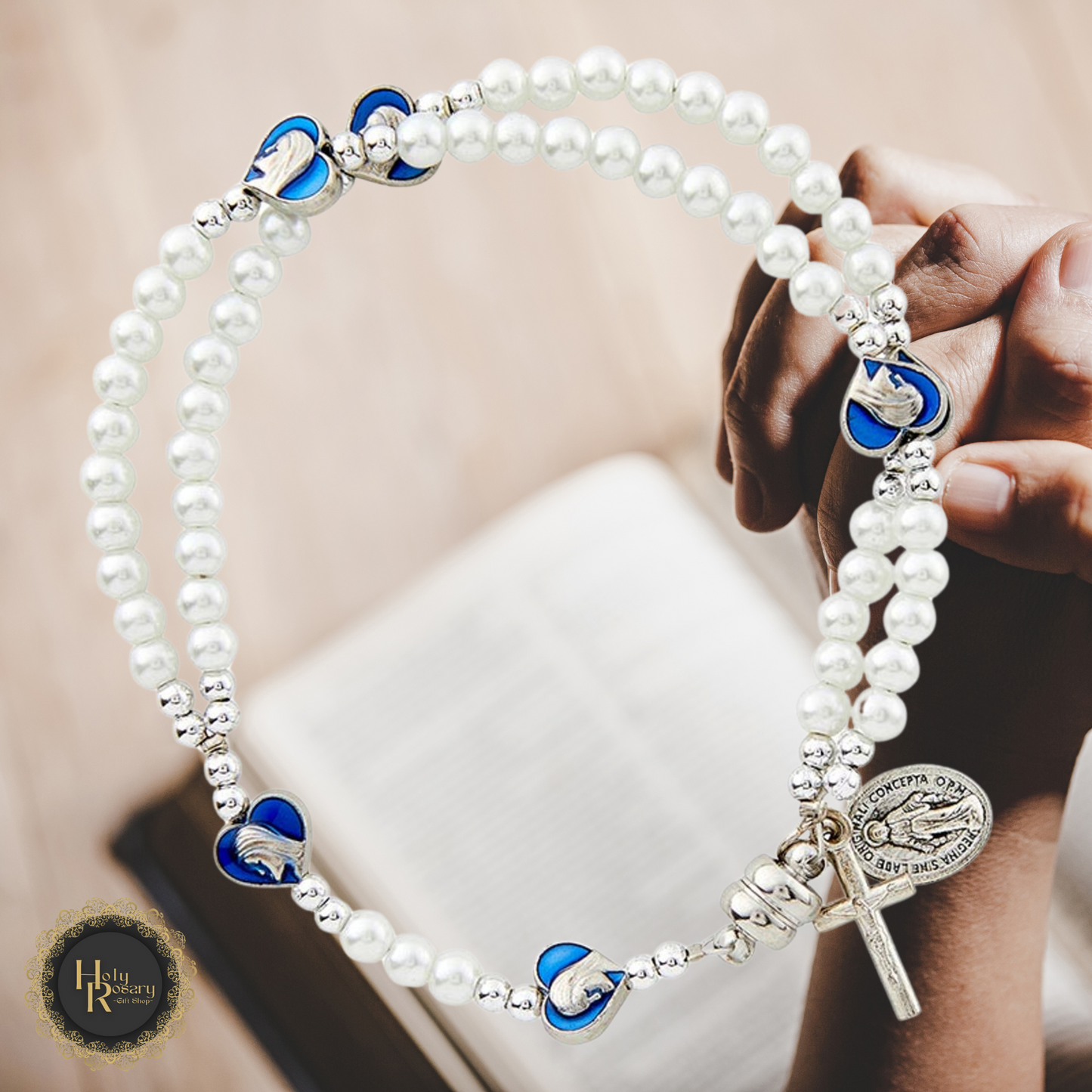 Beaded rosary bracelet close up with cross an ideal choice for men or women seeking spiritual wear