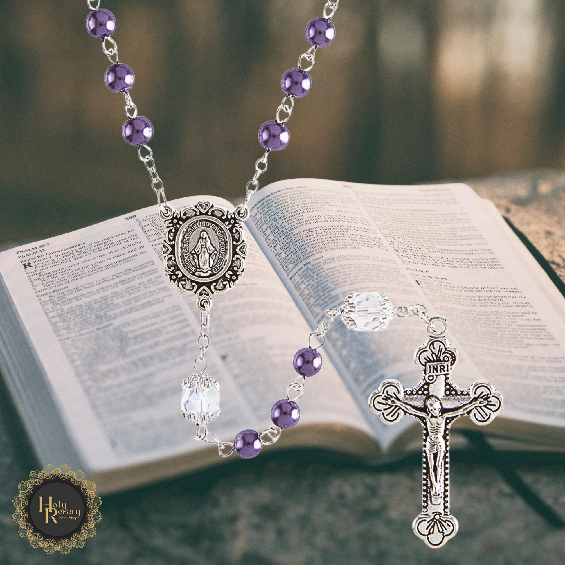 Beautiful purple pearl rosary beads with a crystal finish and handcrafted design