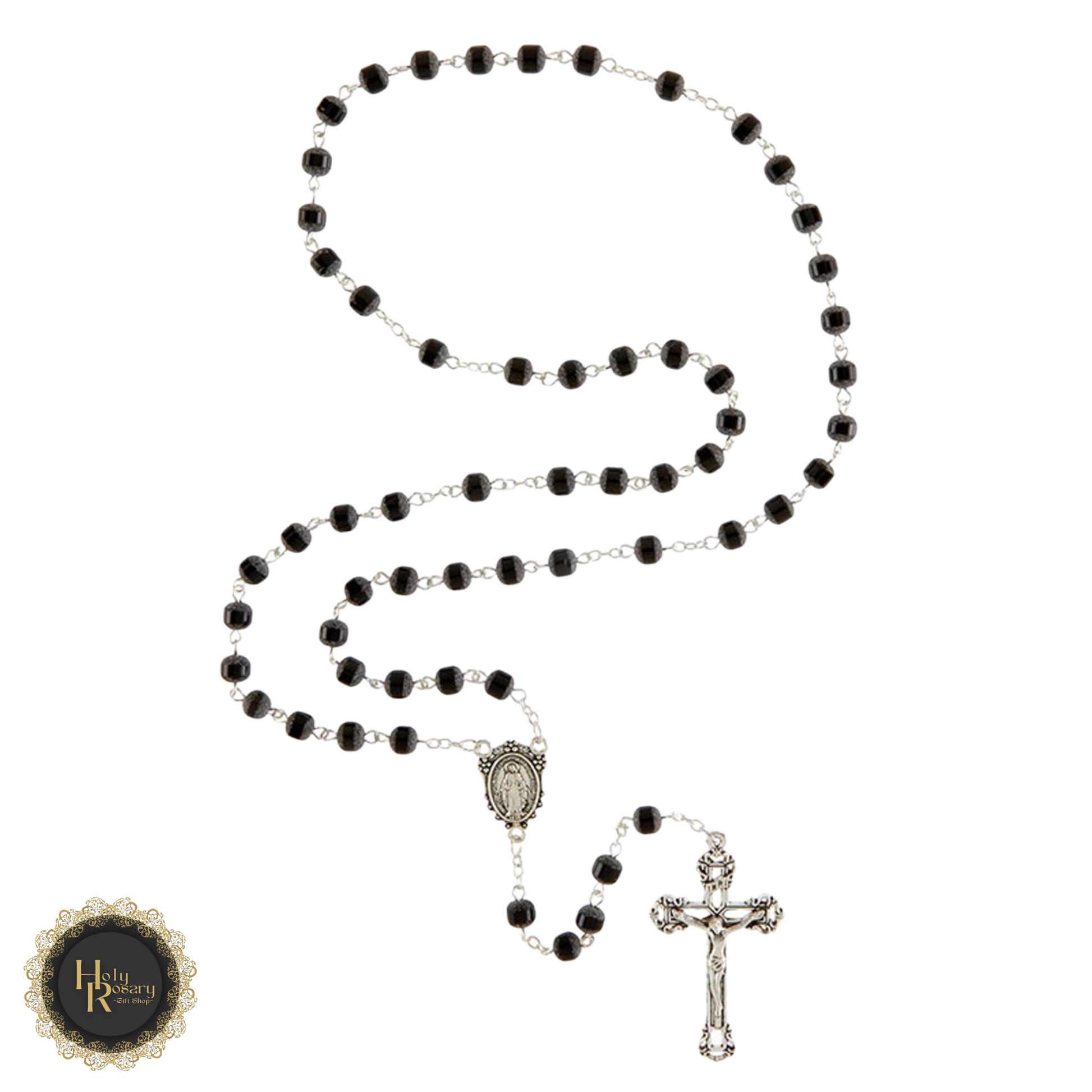 Close up of black rosary beads revealing intricate details on the cross and strong links