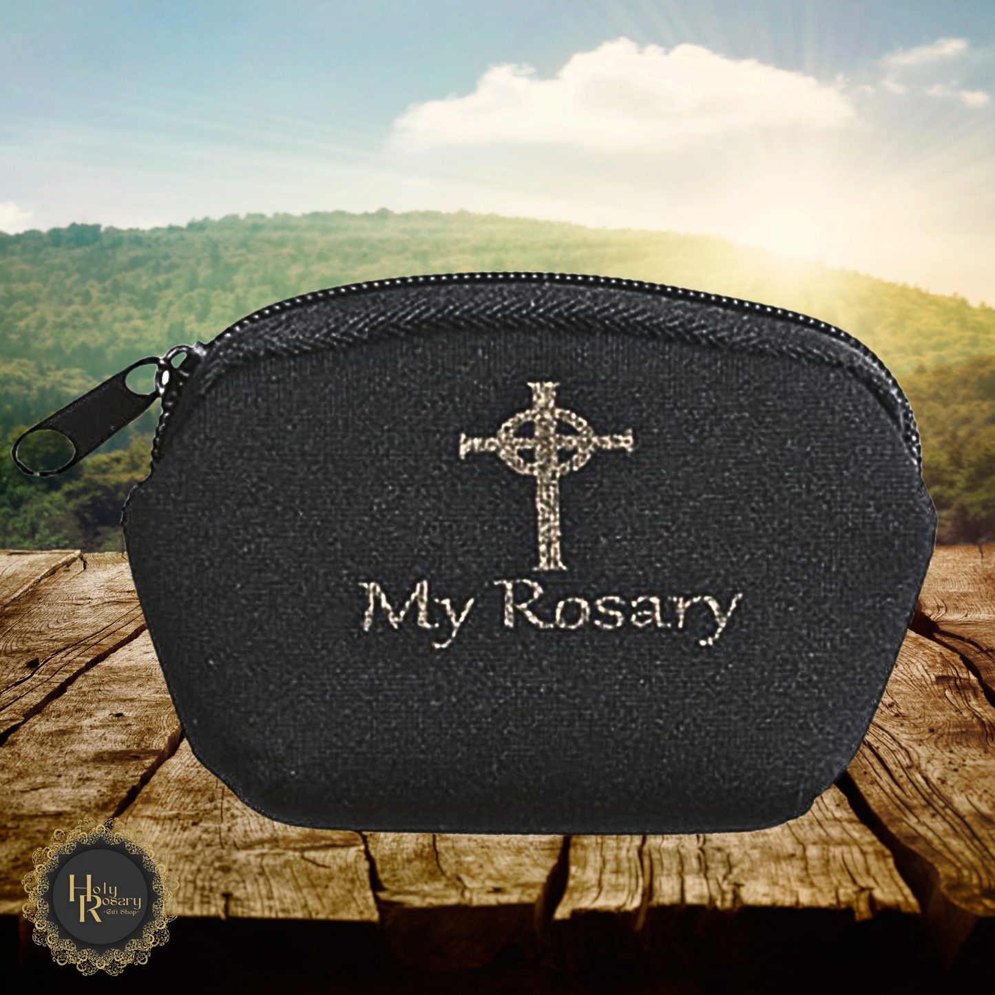 Black rosary case displayed showing durable material and secure fit for rosary beads prayer accessories and Catholic keepsakes