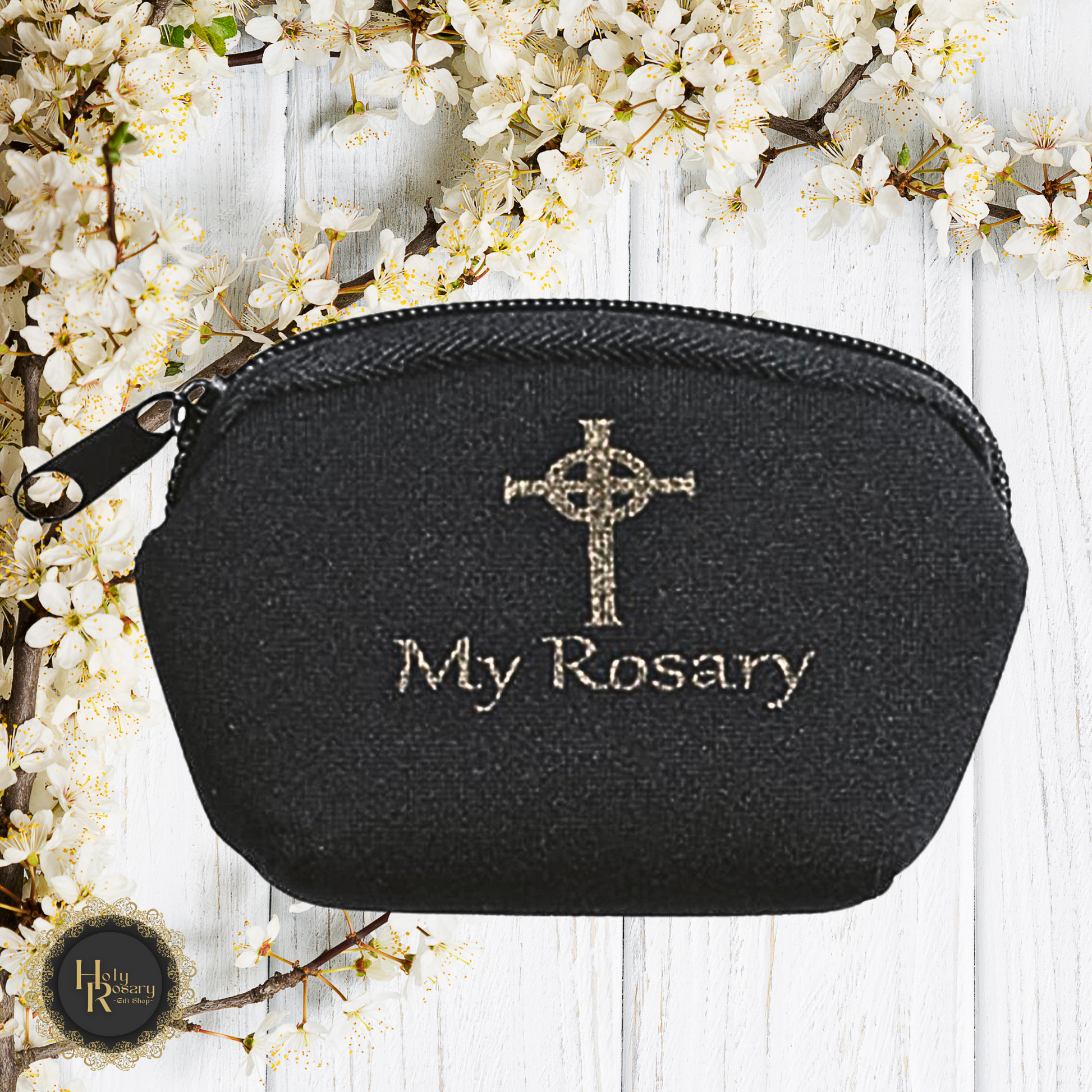 Black rosary case with secure closure perfect for protecting rosary beads and religious jewelry