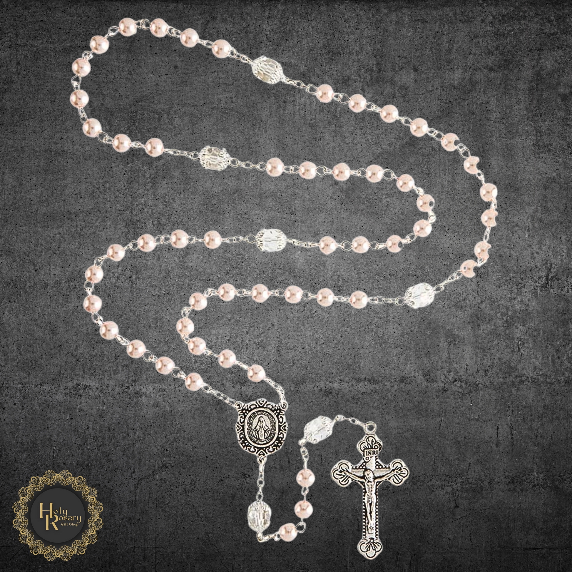 Classic Pink Pearl Rosary Necklace with smooth pink pearls and a silver cross for devotion and prayer