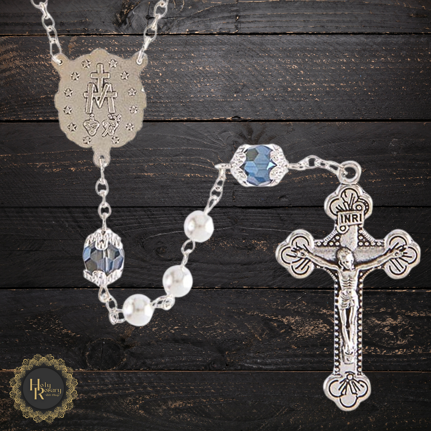 Classic White Pearl Rosary Necklace with elegant pearls and a detailed silver cross