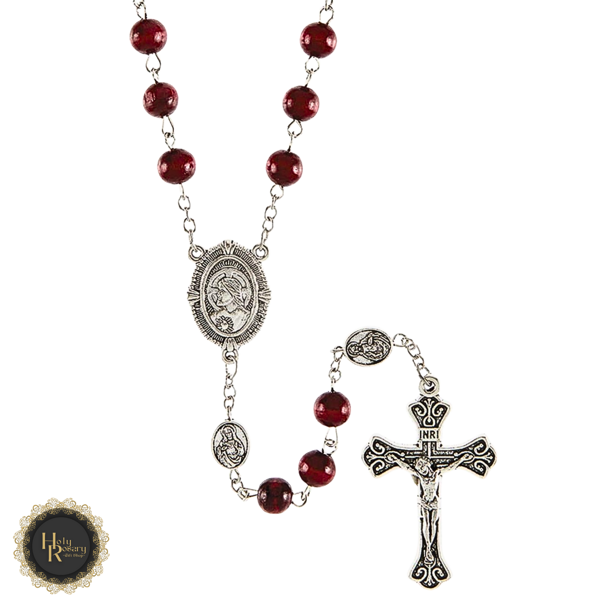 Detailed Red Rosary Beads with Sacred Heart Medals