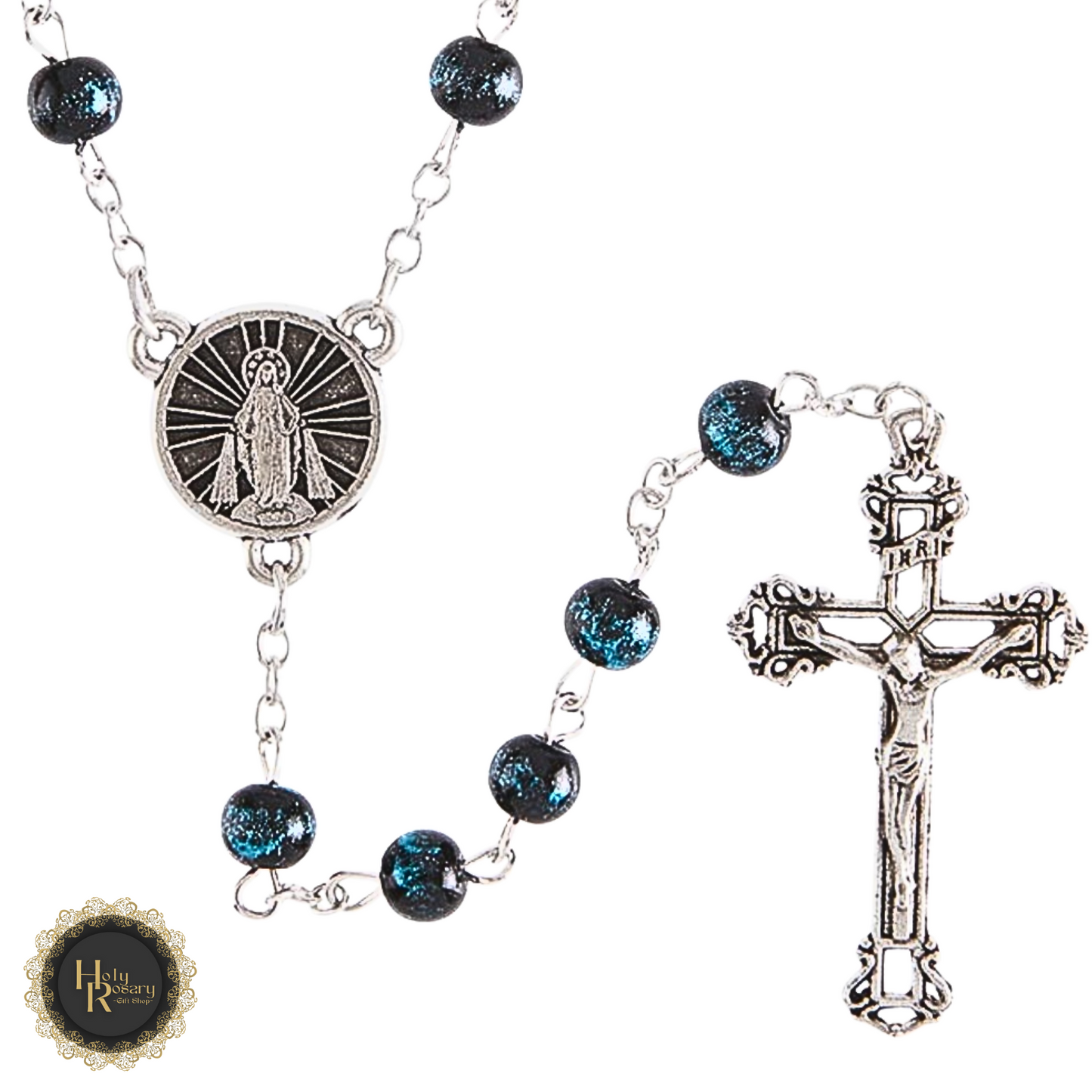 Close-up of Crackled Glaze Rosary Beads showcasing the beautiful crackled finish and silver cross perfect for religious devotion