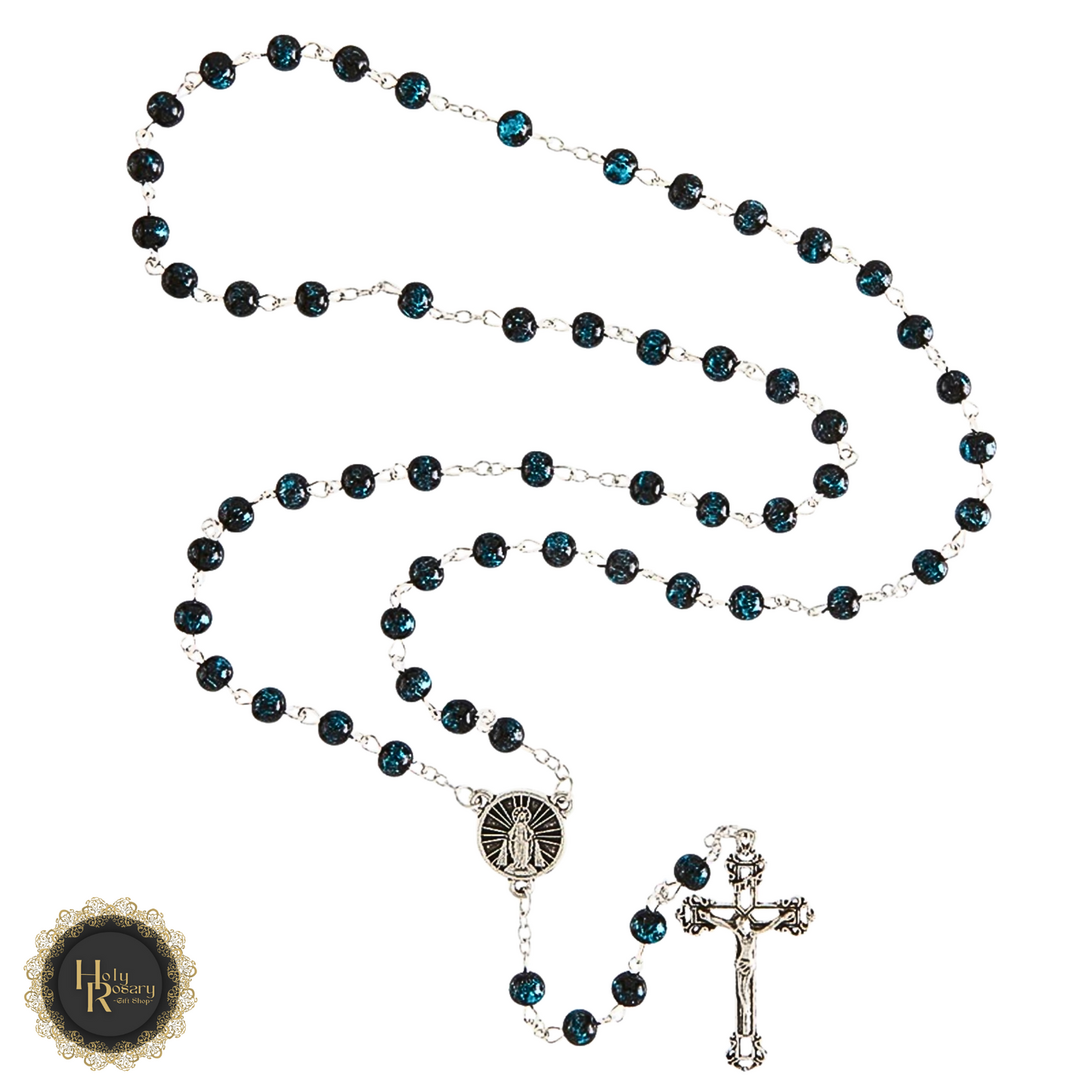 Crackled Glaze Rosary Necklace for sale featuring intricate beads with a shiny cross perfect for both men and women