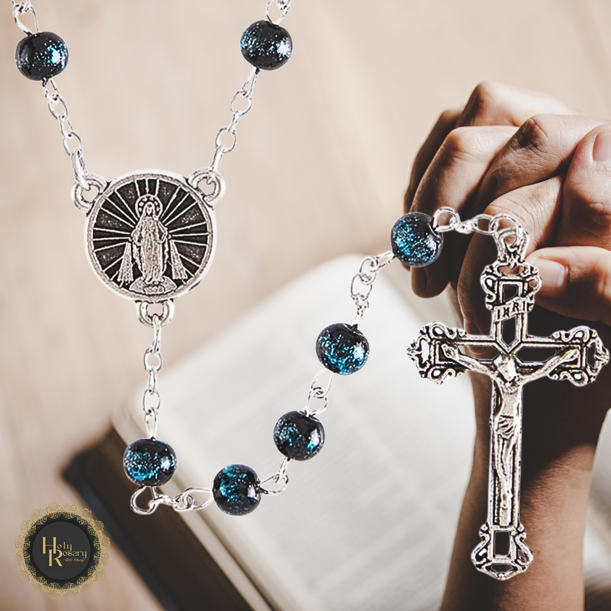 Crackled Glaze Rosary Necklace for sale featuring elegant beads and a detailed cross perfect for Catholic prayer and reflection