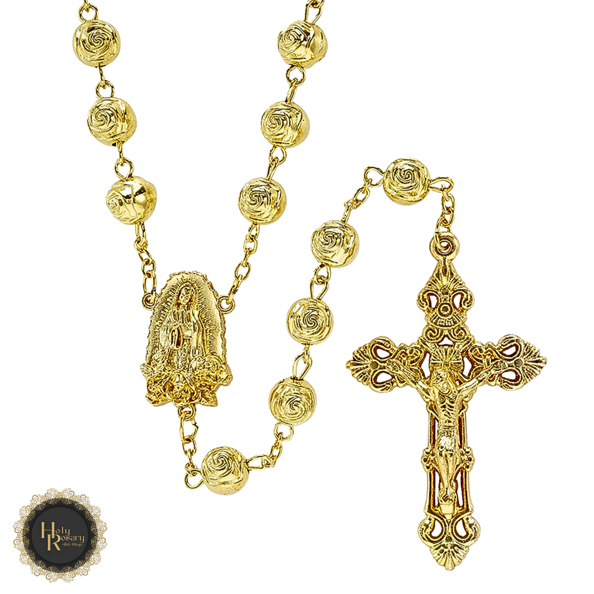 Elegant gold rosary necklace with shimmering gold rosary beads perfect gold rosary option