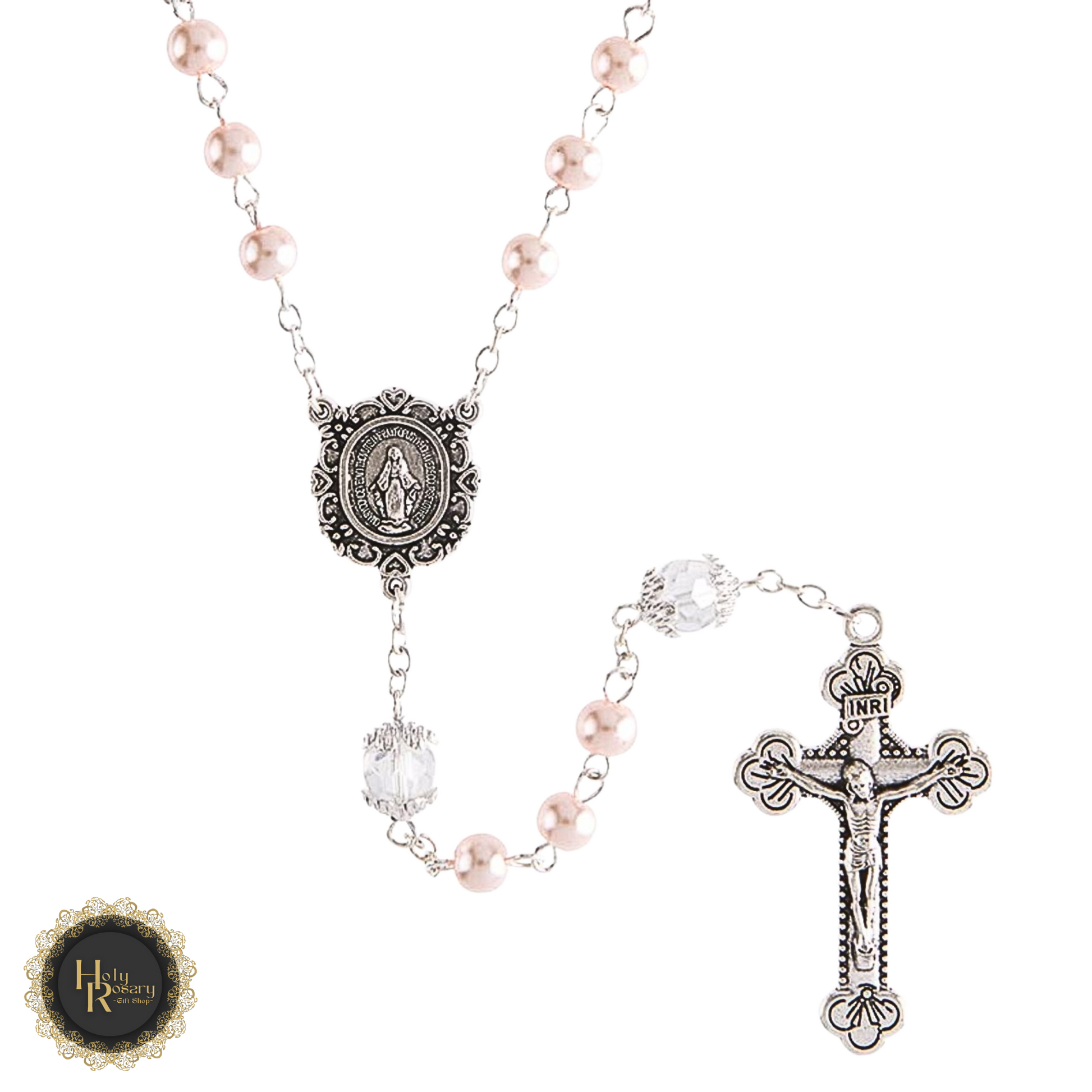 Elegant Pink Pearl Rosary Necklace with silver accents perfect for prayer and devotion