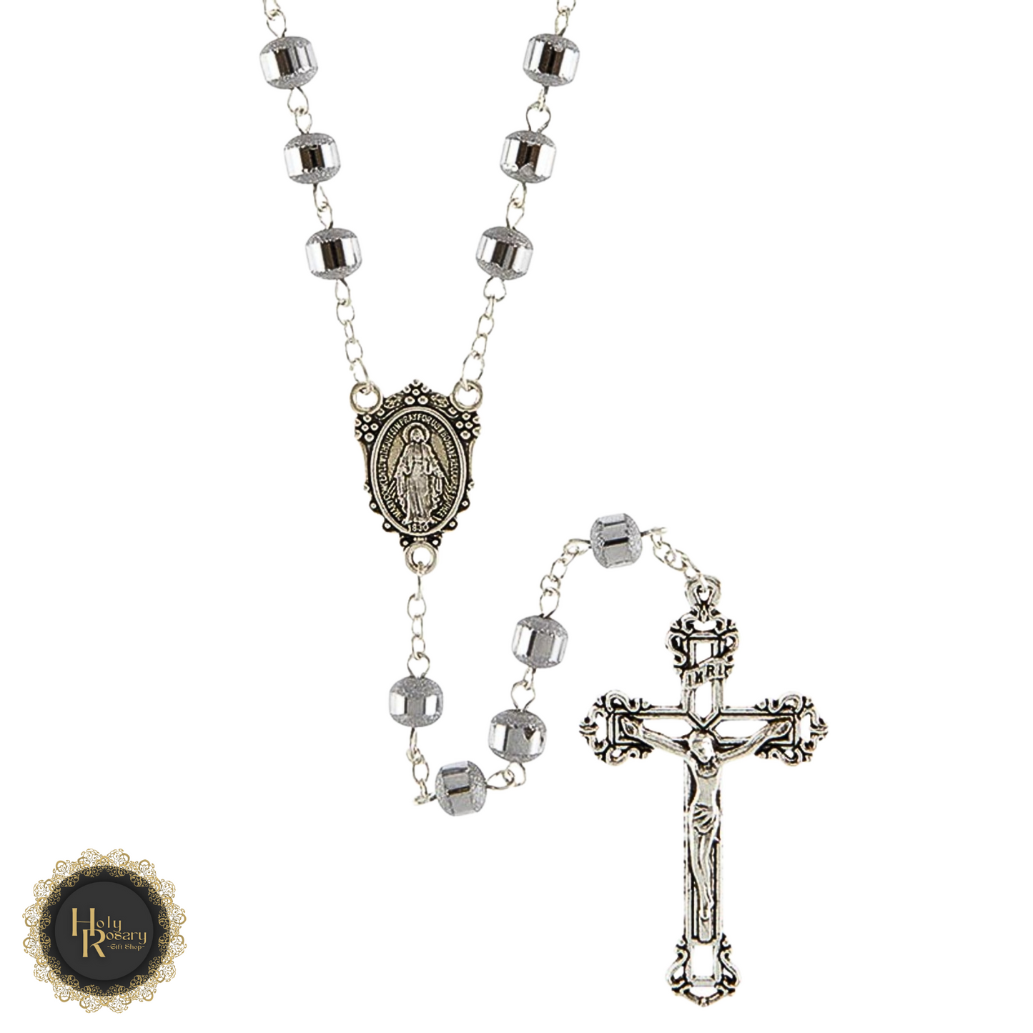 Elegant silver rosary necklace with shimmering beads suitable for men or women a timeless religious accessory