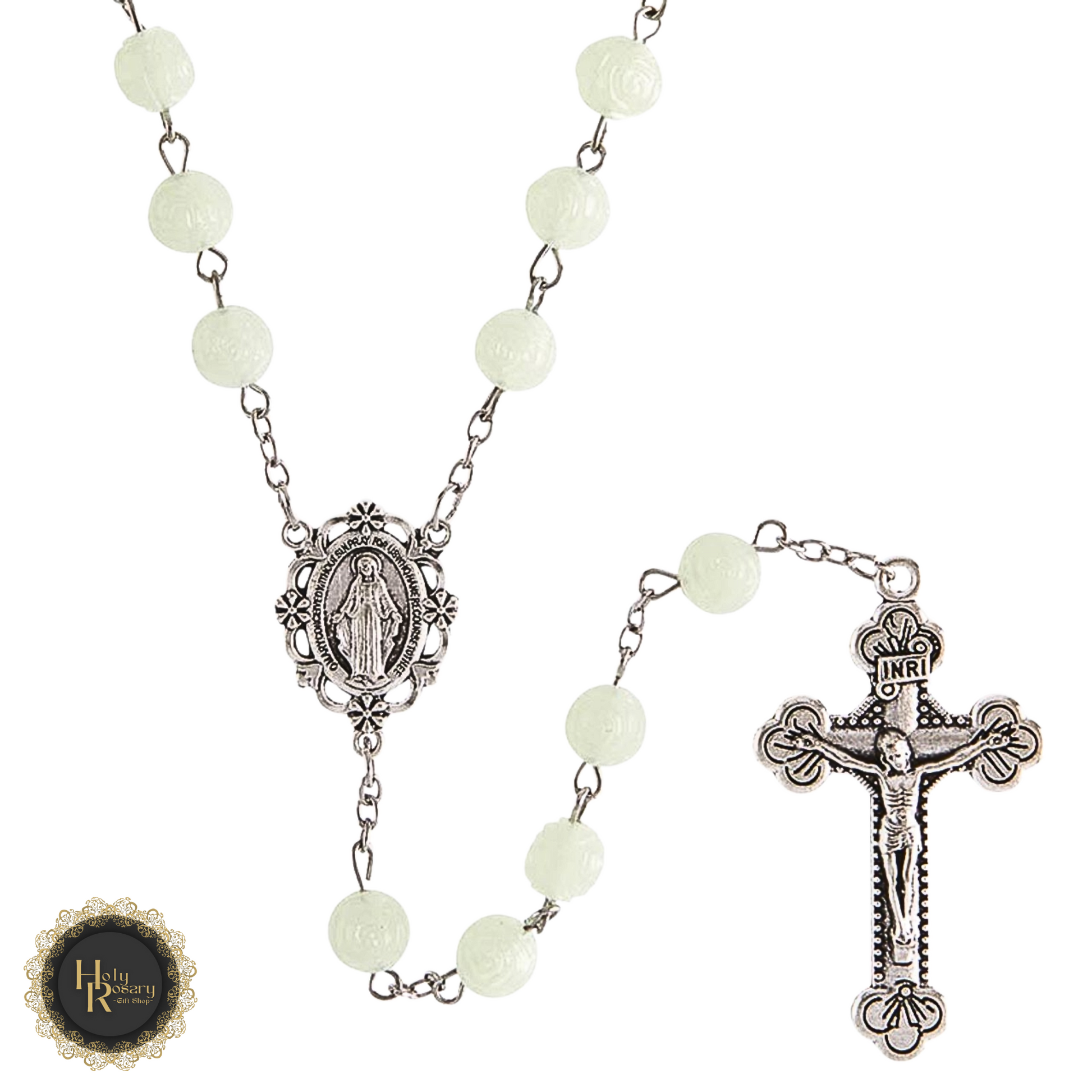 Glowing Rosebud Rosary Necklace displayed on a soft background showcasing the luminous rosebud beads