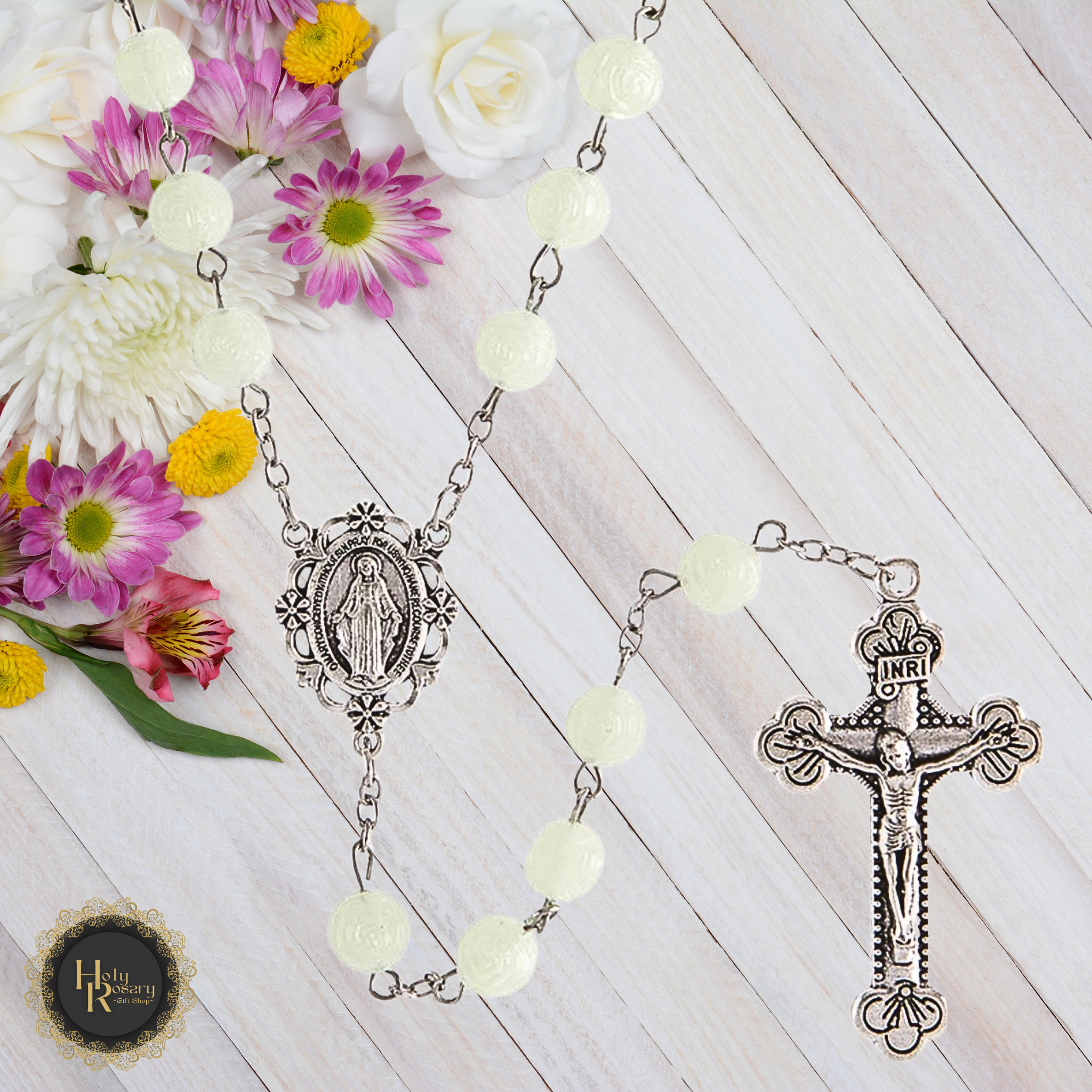 Glowing Rosebud Rosary Necklace with beautiful rosebud beads and a silver cross