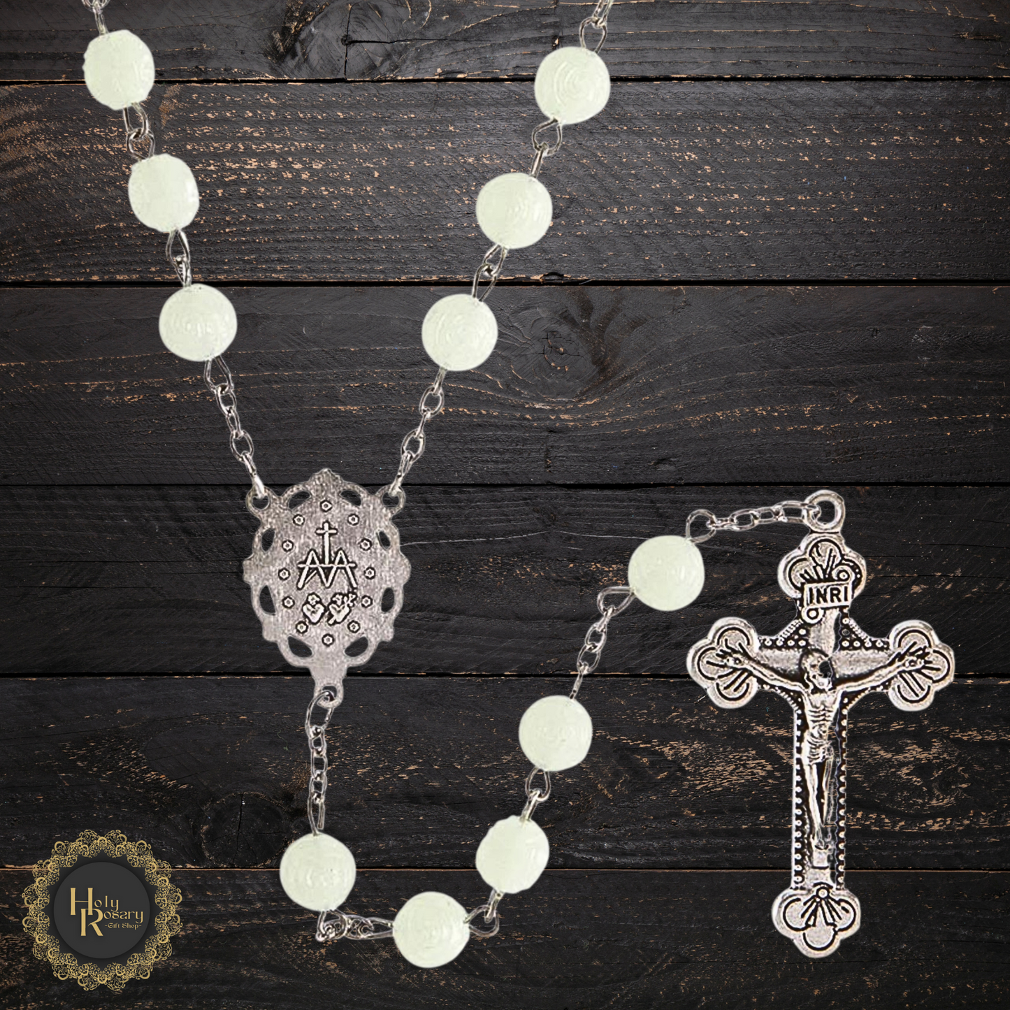 Glowing Rosebud Rosary Necklace with soft, luminous rosebud beads and intricate design