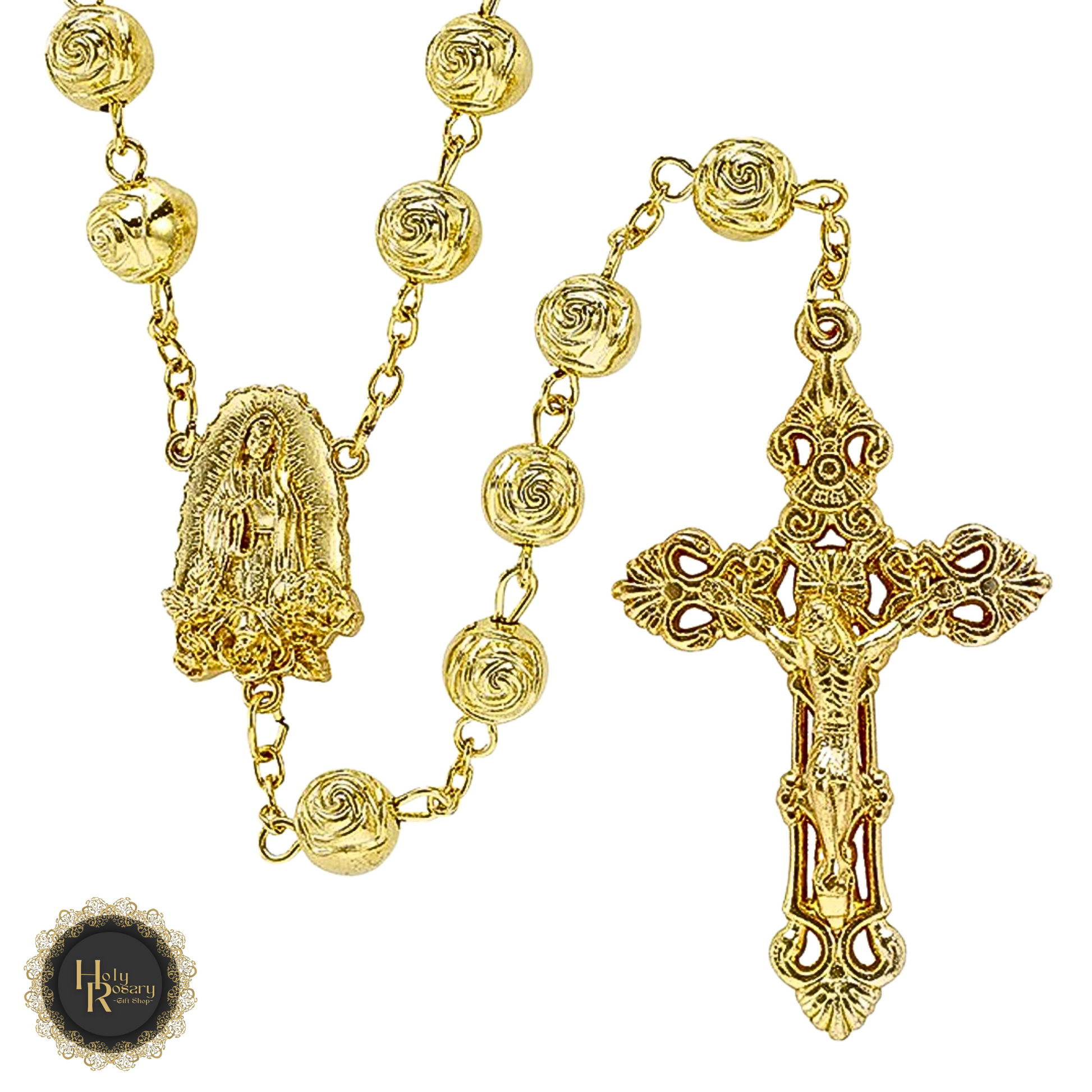 Gold rosary necklace displayed showing polished gold rosary beads and classic gold rosary style