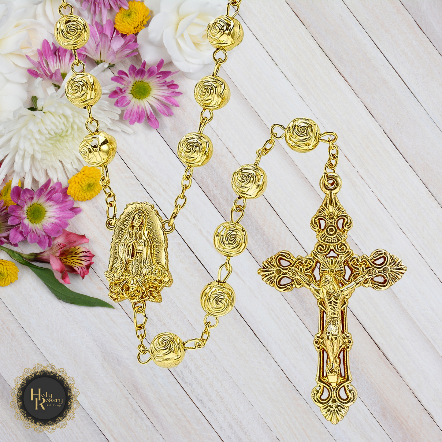 Gold rosary necklace for sale featuring gold rosary beads and elegant gold rosary design