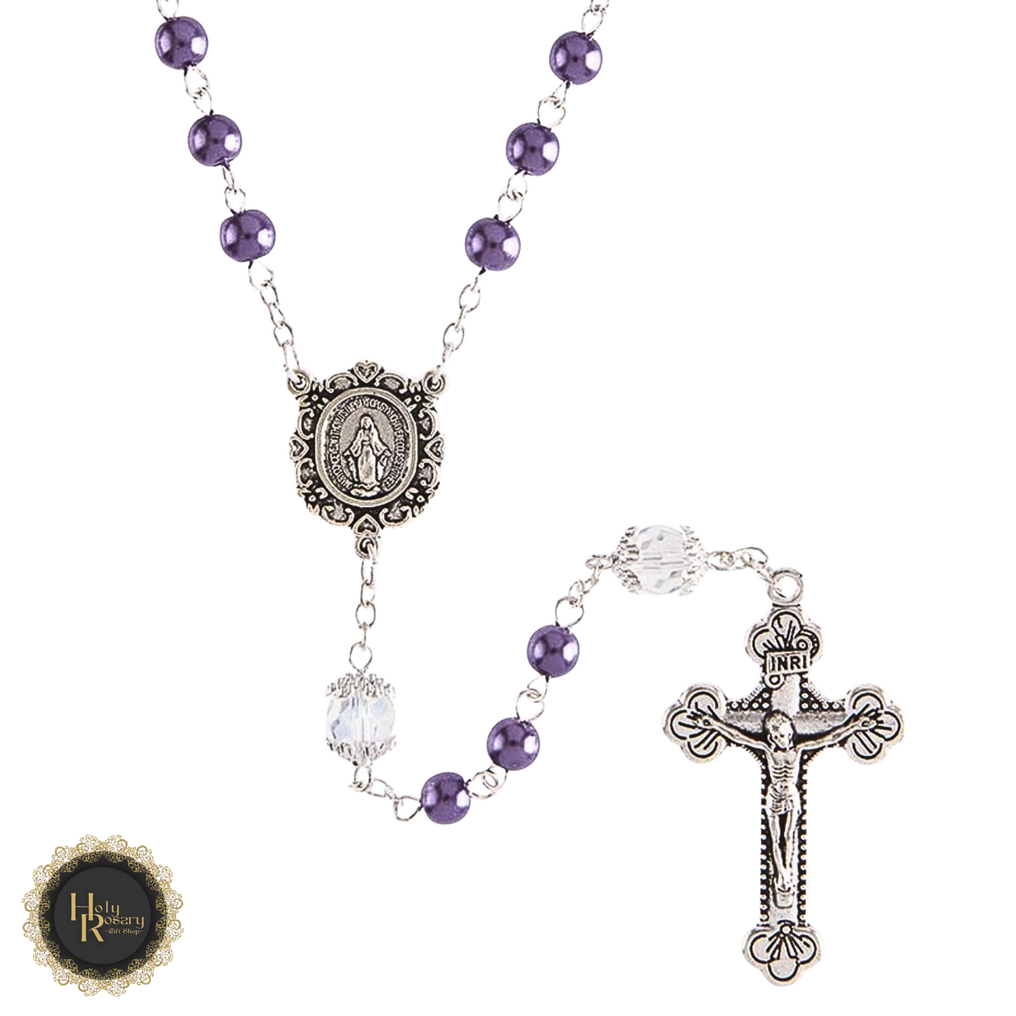 Handcrafted purple pearl rosary beads with silver crucifix and centerpiece