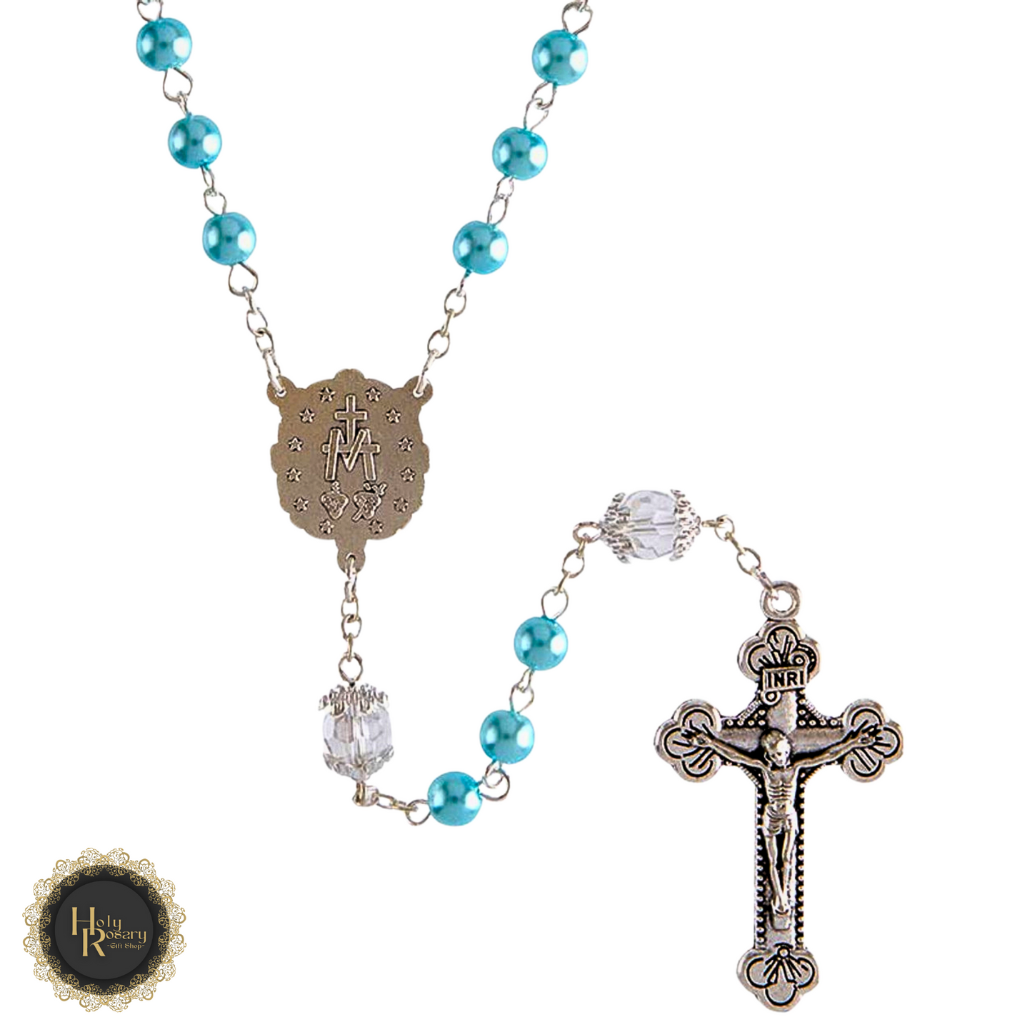 Close-up of Ocean Pearl Rosary Beads showing fine craftsmanship and shimmering pearls ideal for devotion