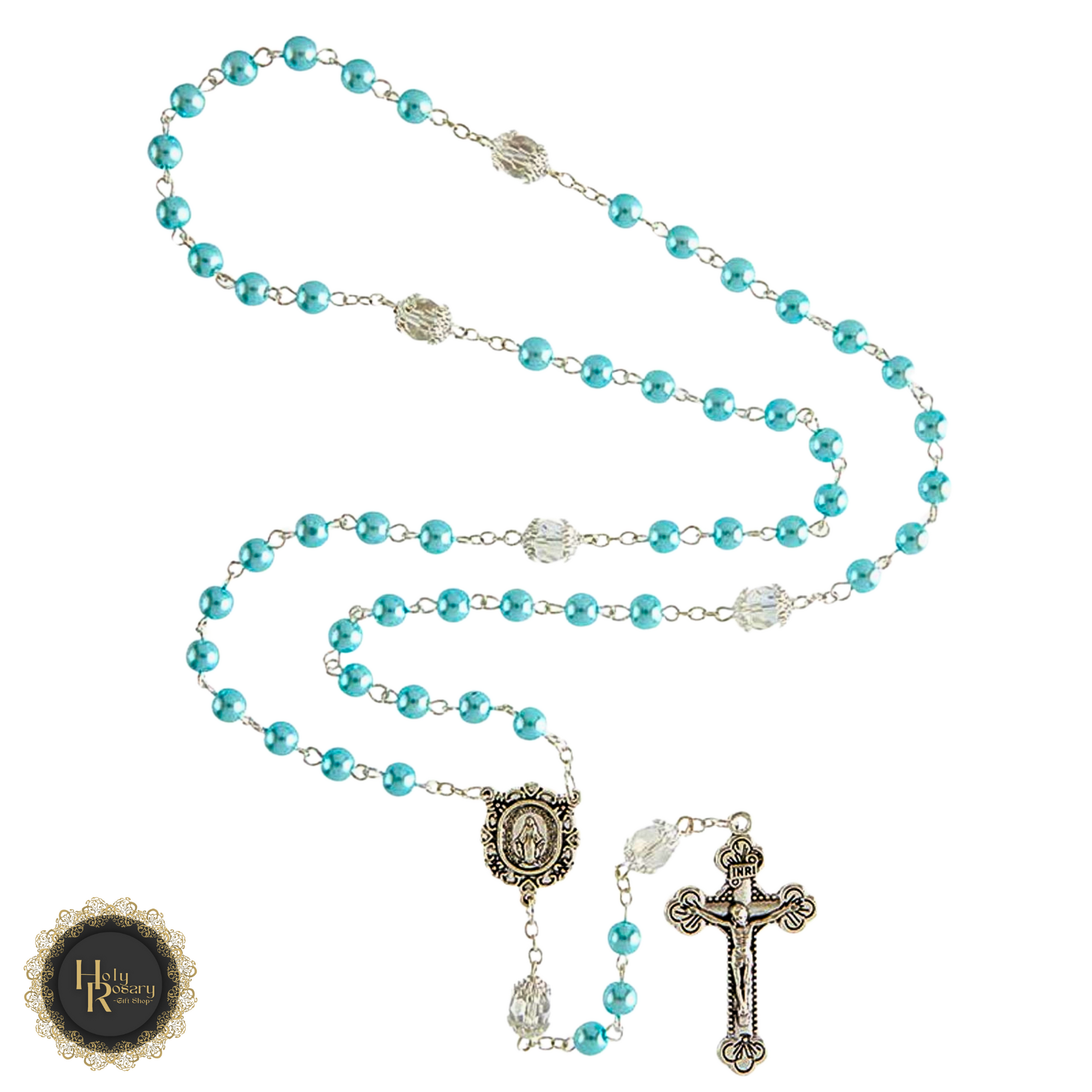 Ocean Pearl Rosary Necklace for sale featuring high-quality pearls and a silver cross perfect for personal prayer