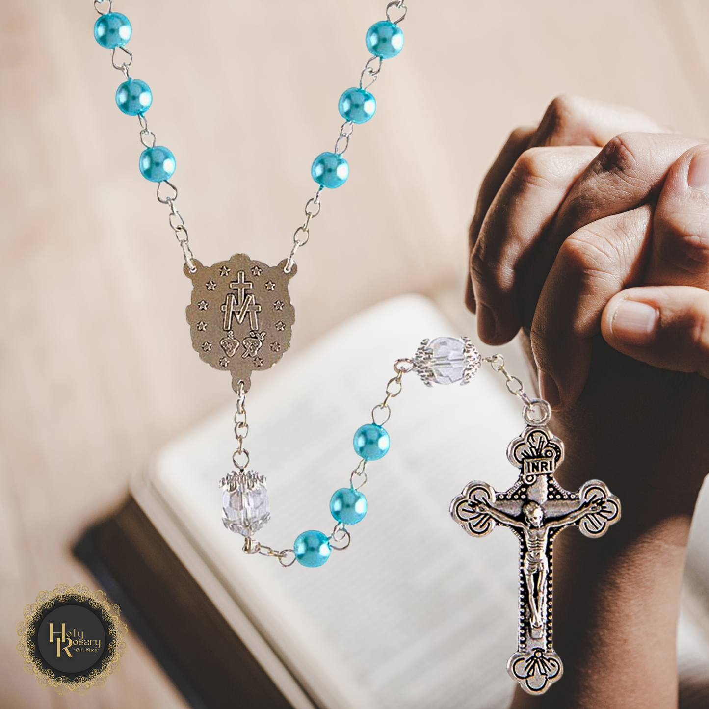 Ocean Pearl Rosary Necklace for sale featuring elegant pearl beads and detailed cross for spiritual reflection