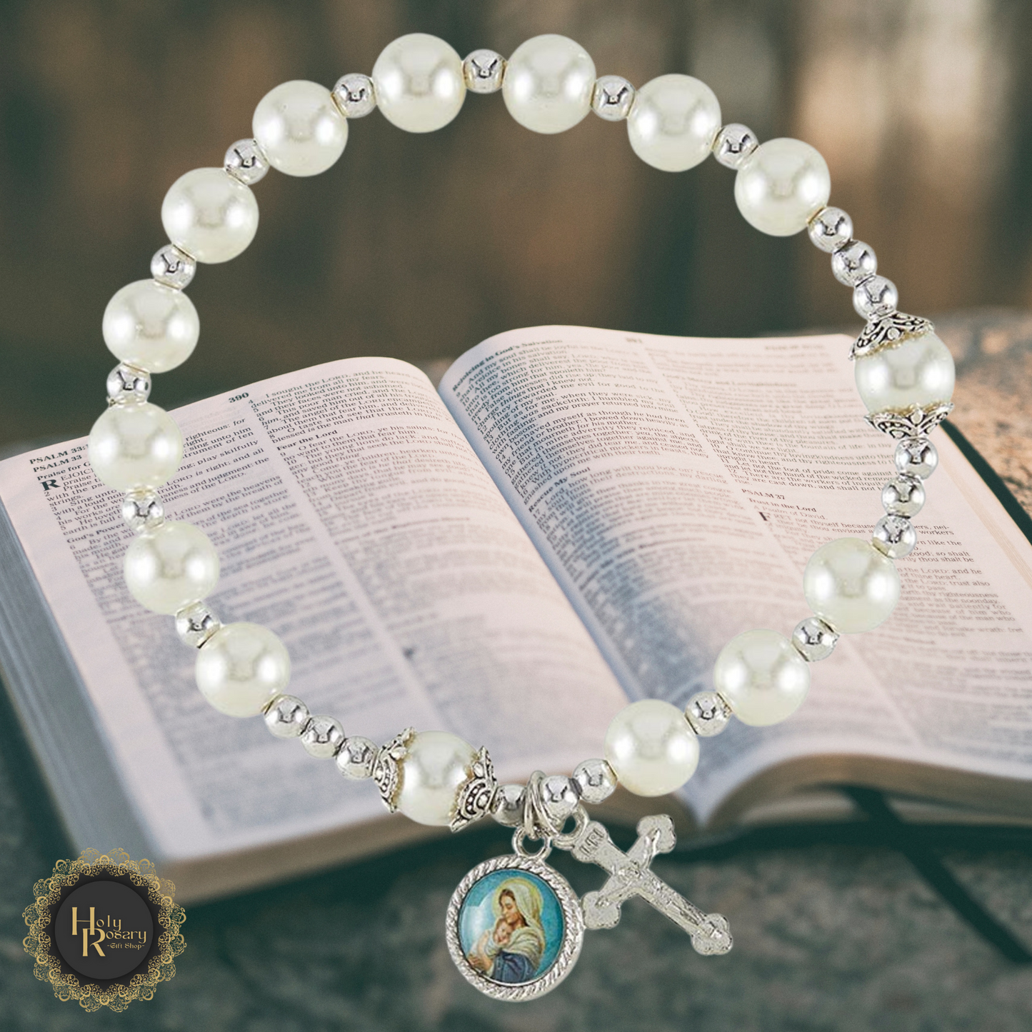 Close up of pearl rosary bracelet highlighting quality craftsmanship a spiritual statement piece