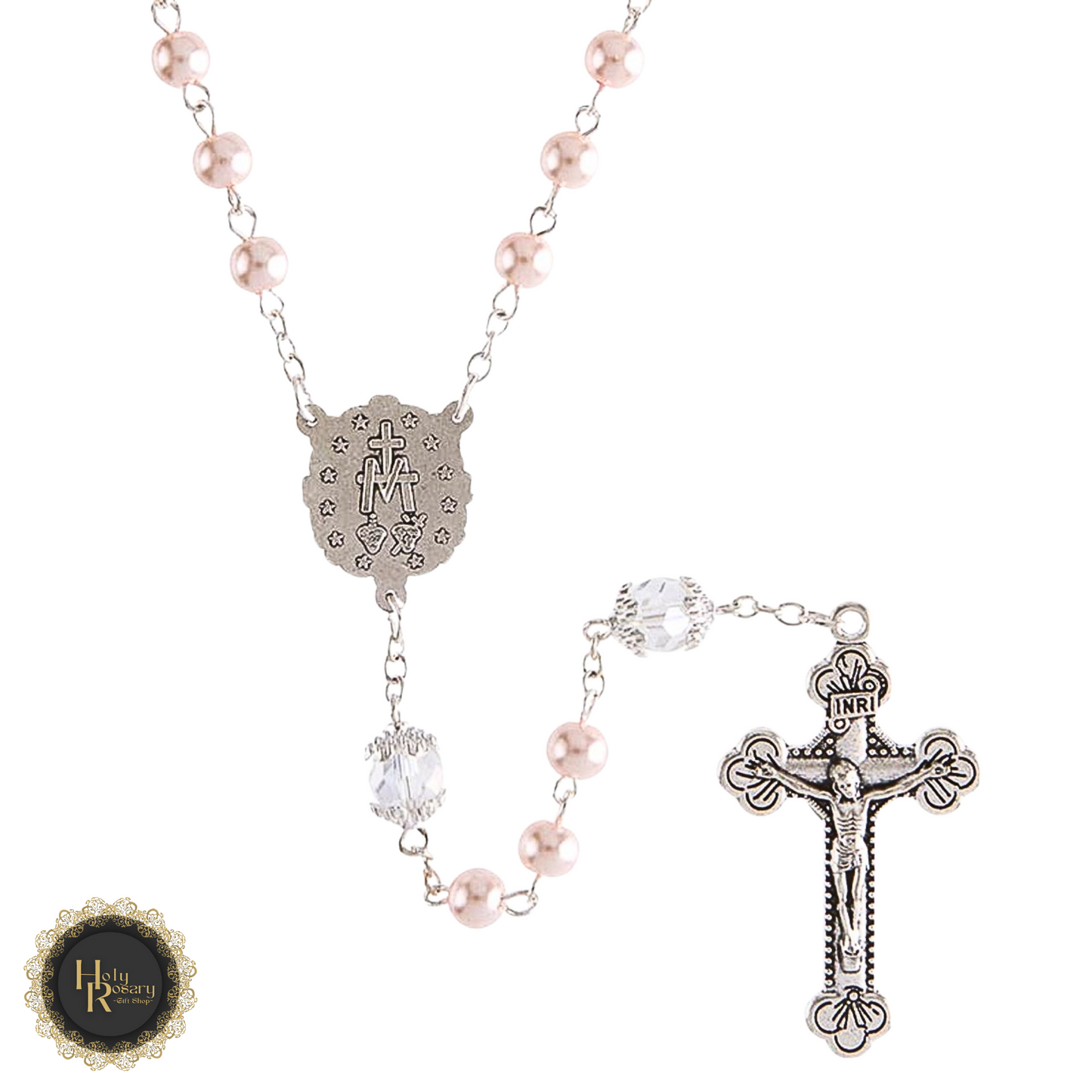 Pink Pearl Rosary Necklace displayed on a soft background showing the beautiful pink pearls