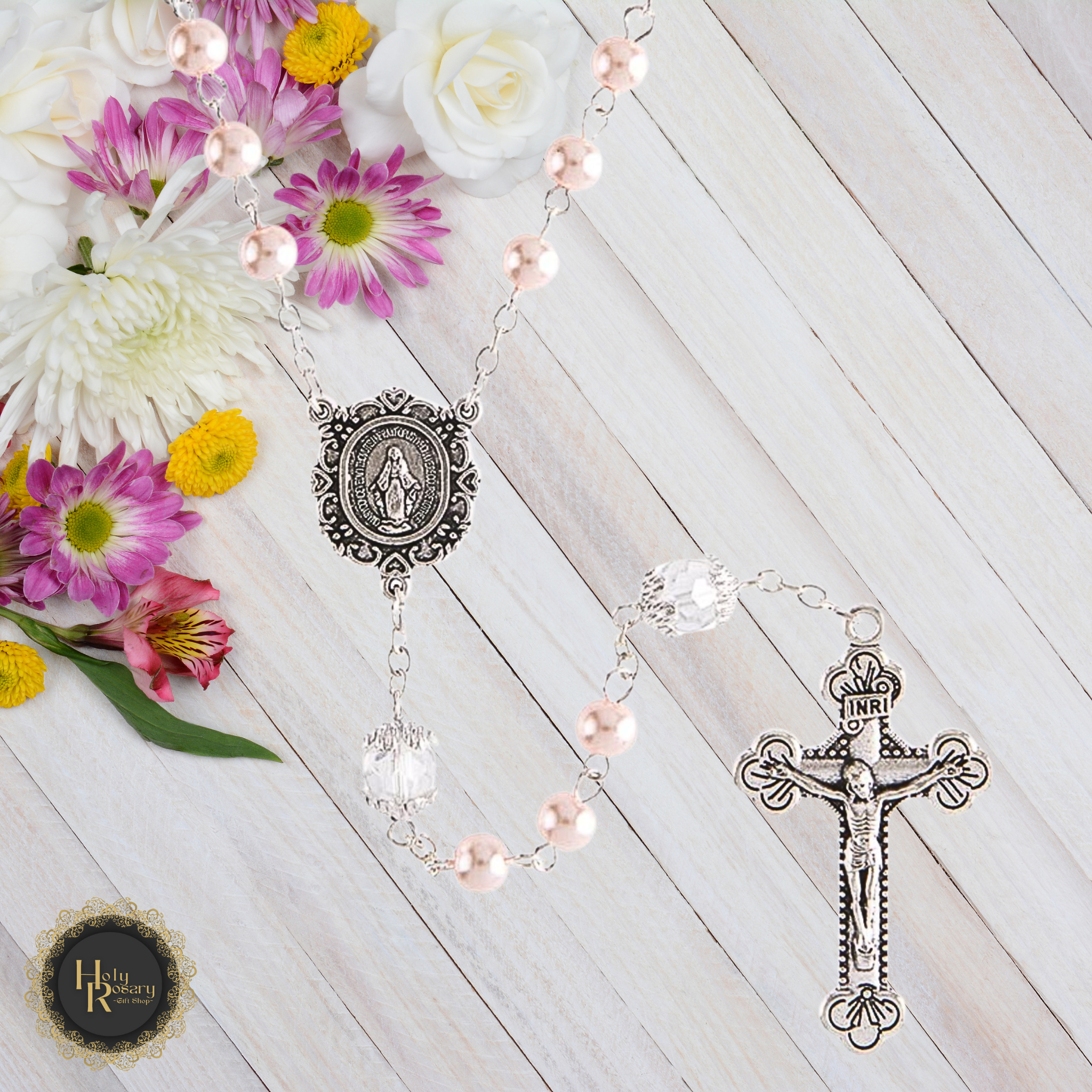 Pink Pearl Rosary Necklace with delicate pink pearls and a silver cross