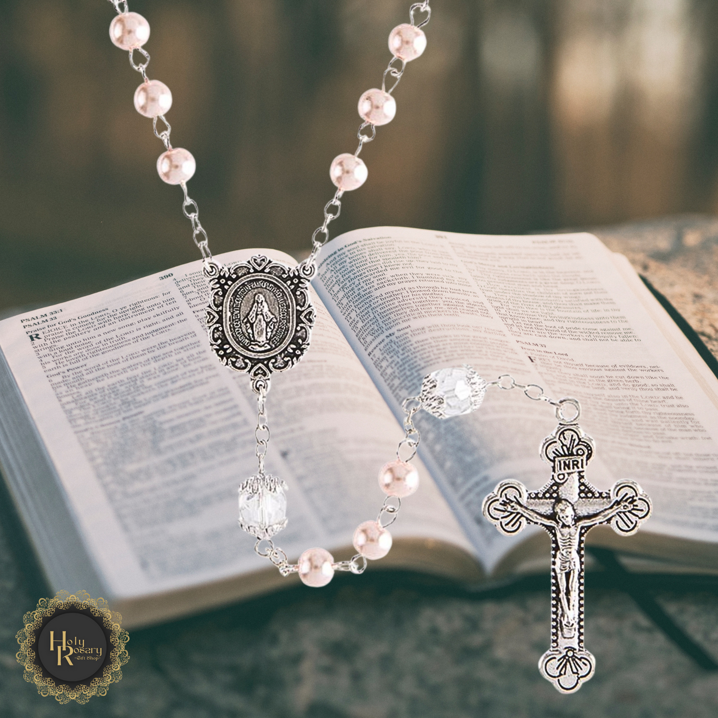 Pink Pearl Rosary Necklace featuring soft pink pearls and a shining silver cross