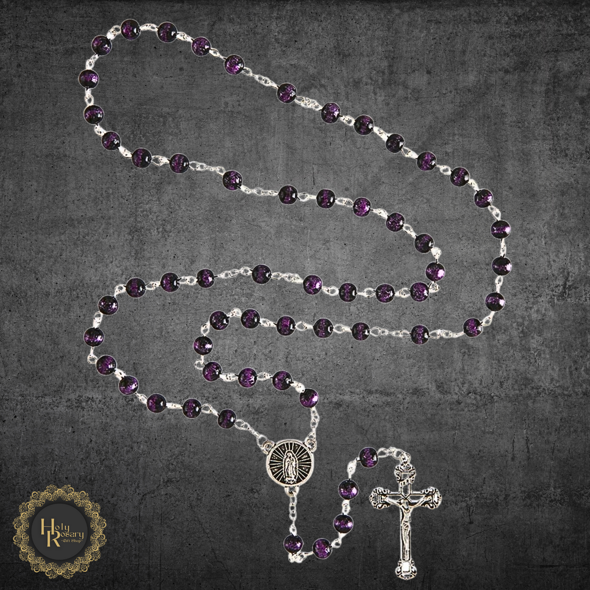 Purple pearl and crystal prayer beads with a stunning Miraculous Medal centerpiece and silver crucifix