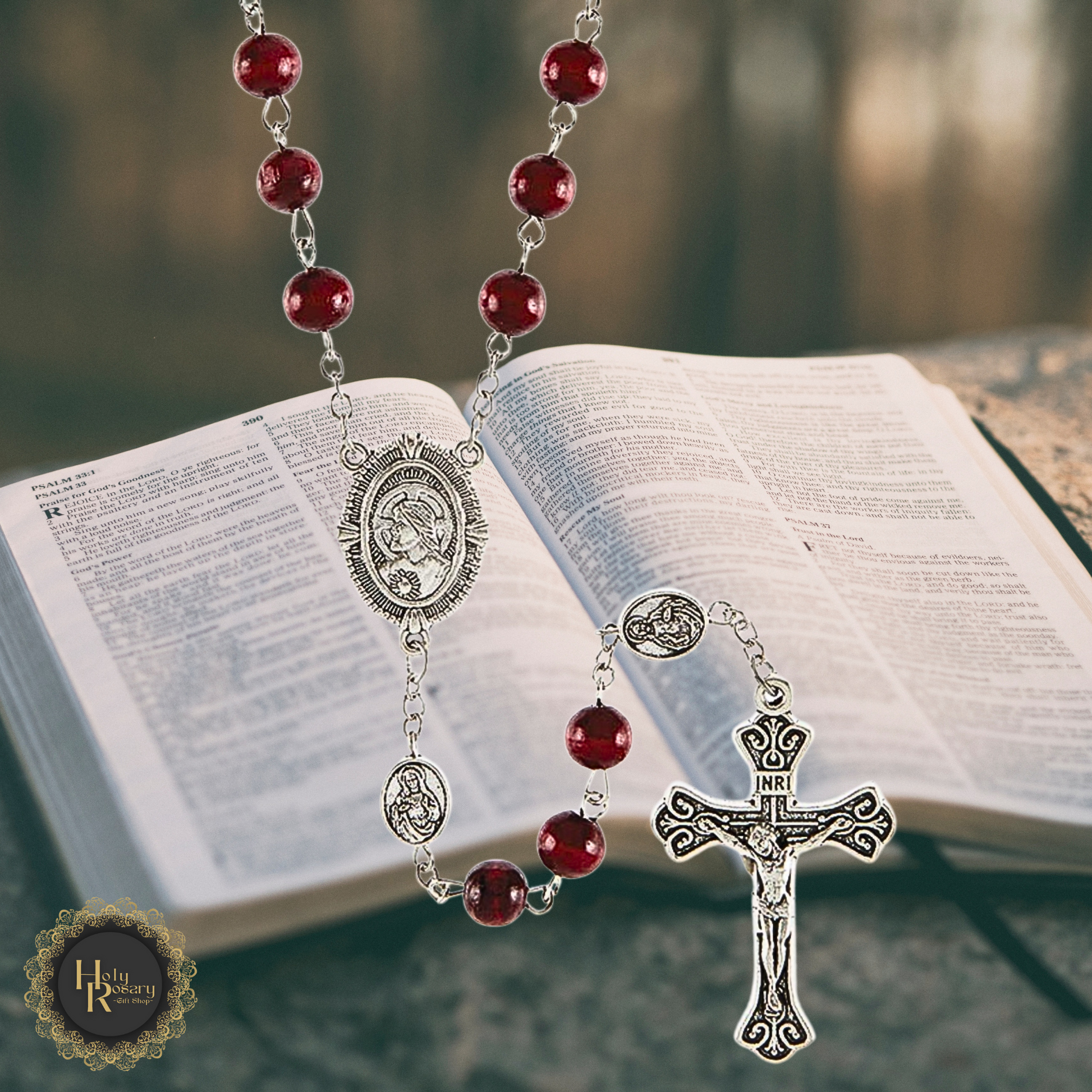 Close-up of Sacred Heart Red Rosary