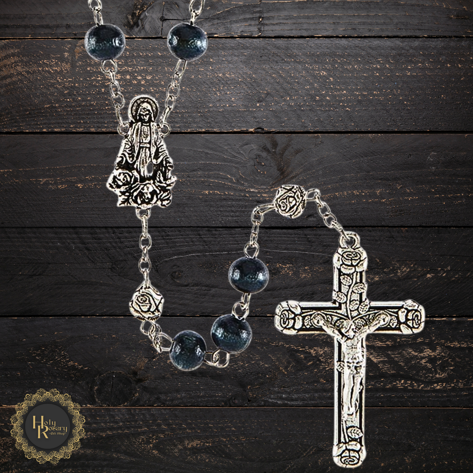 Close-up of Blue Rosary Beads with Silver Crucifix