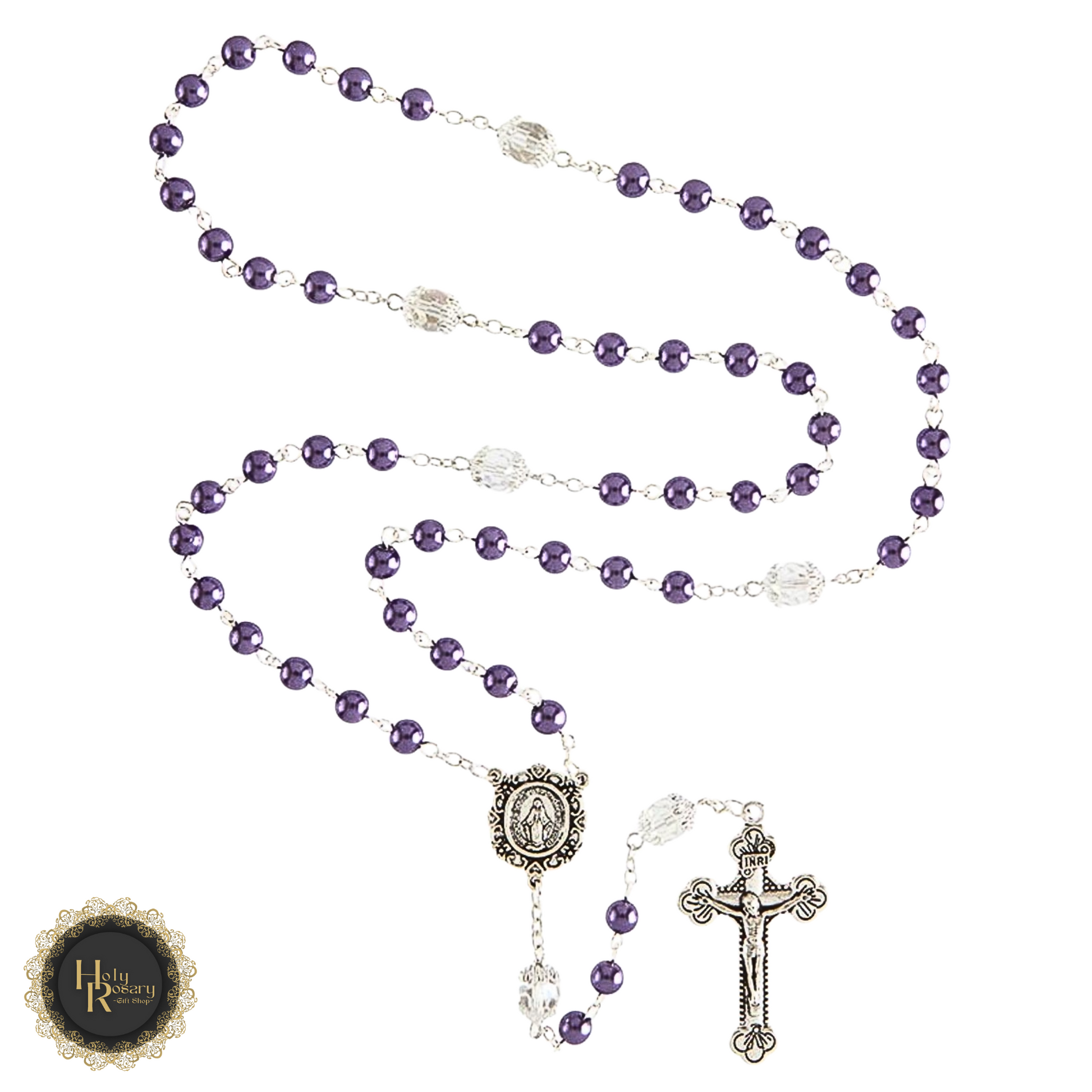 Rosary beads featuring purple pearls, crystal accents, and Miraculous Medal centerpiece