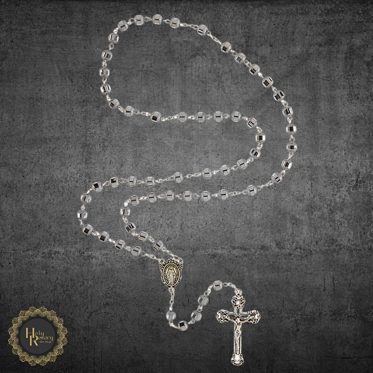 Shimmering silver rosary necklace with timeless cross and elegant beads perfect for Catholic devotions and gifting