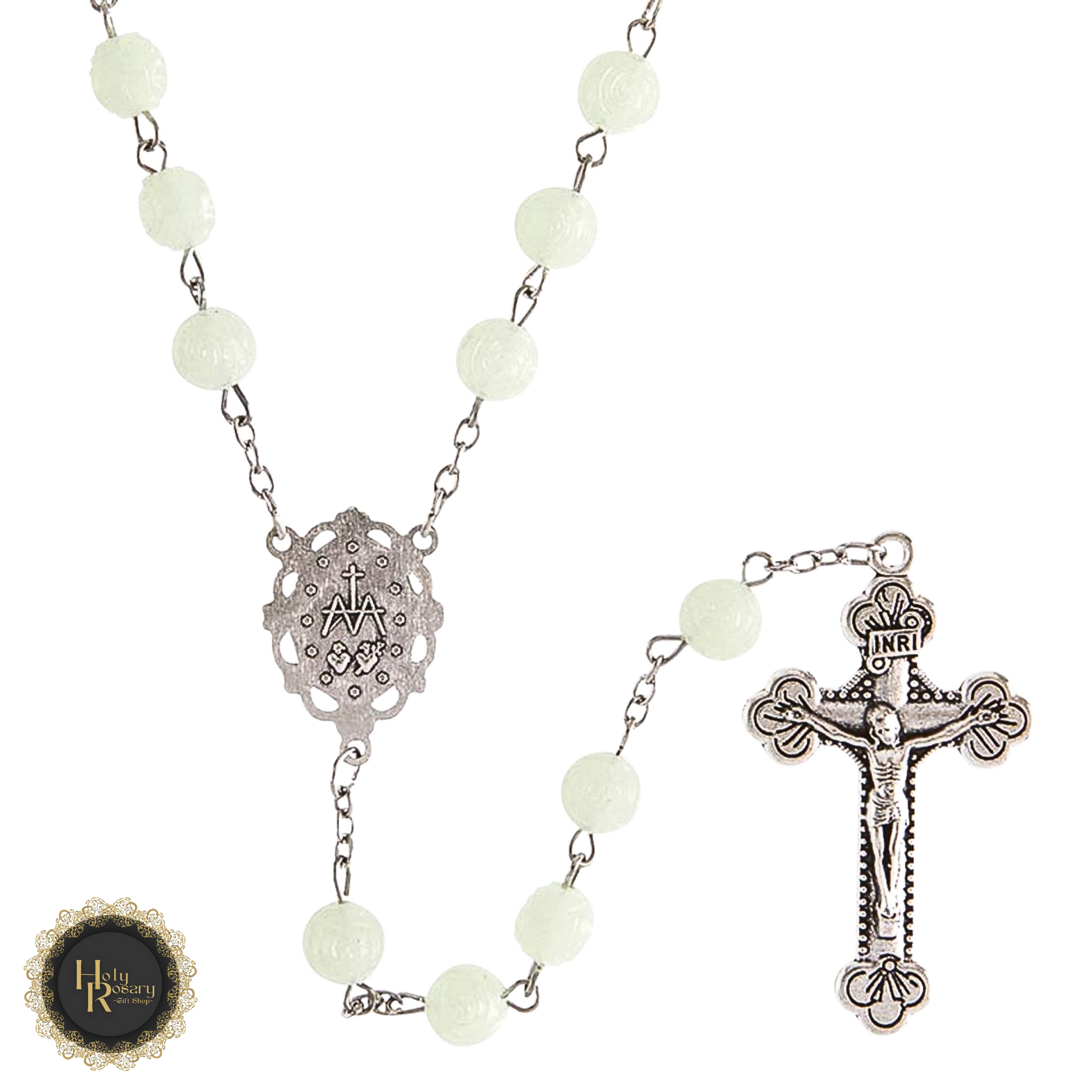 Glowing Rosebud Rosary Necklace with a silver cross, ideal for religious ceremonies and devotion