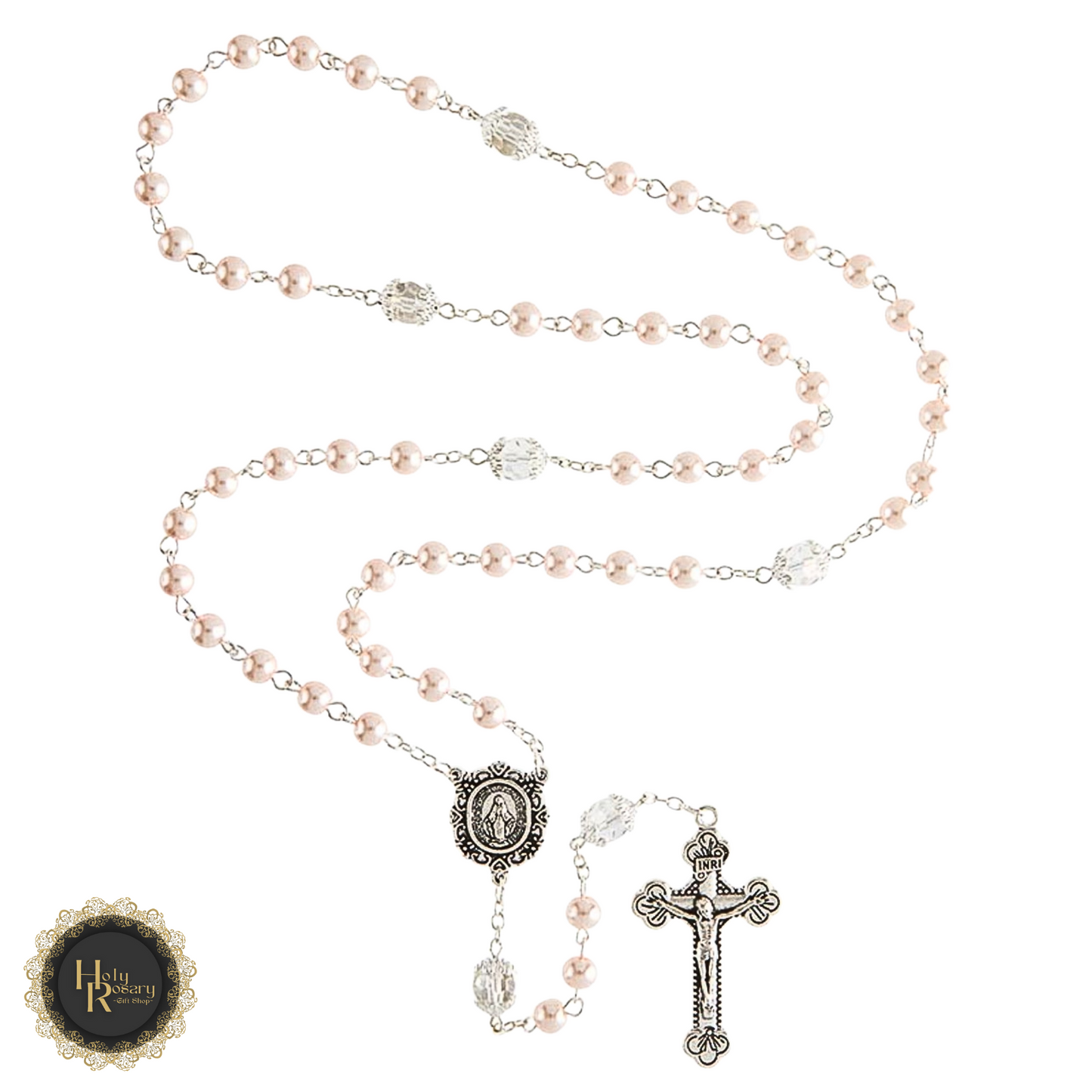 Pink Pearl Rosary Necklace with a gleaming silver cross, ideal for religious ceremonies