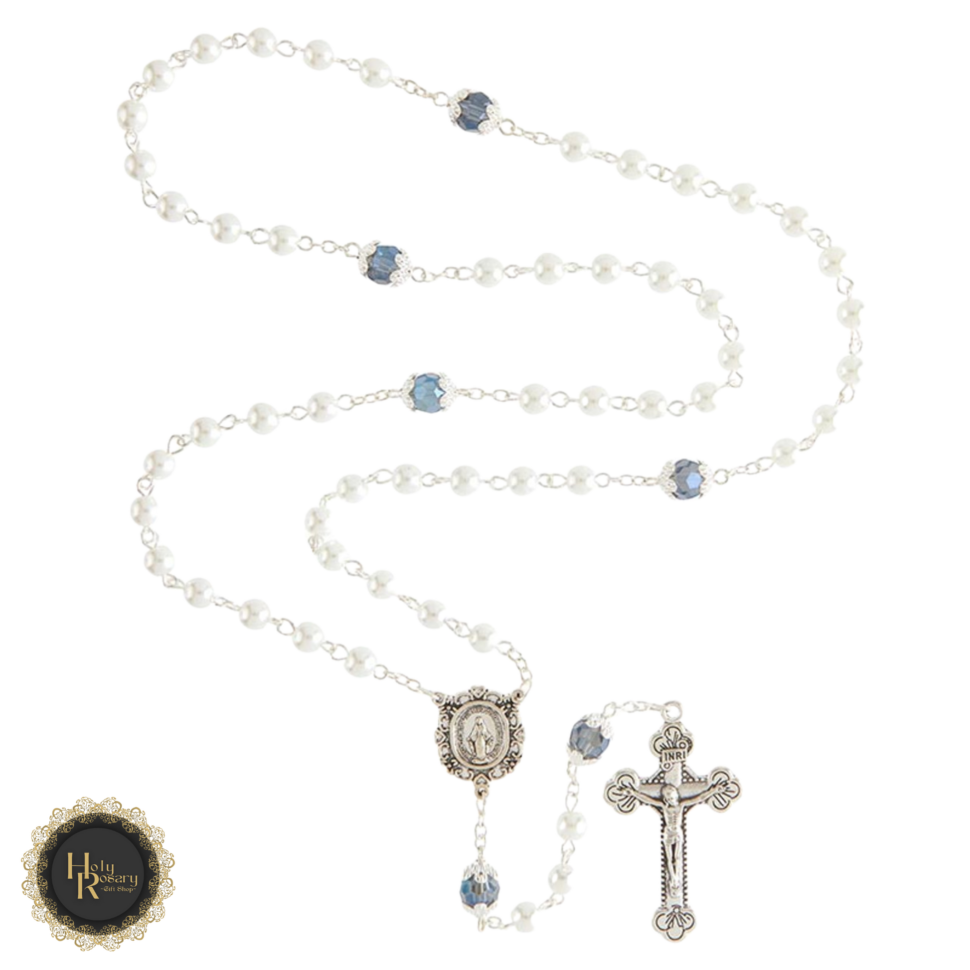 White Pearl Rosary Necklace with a gleaming silver cross, ideal for religious ceremonies