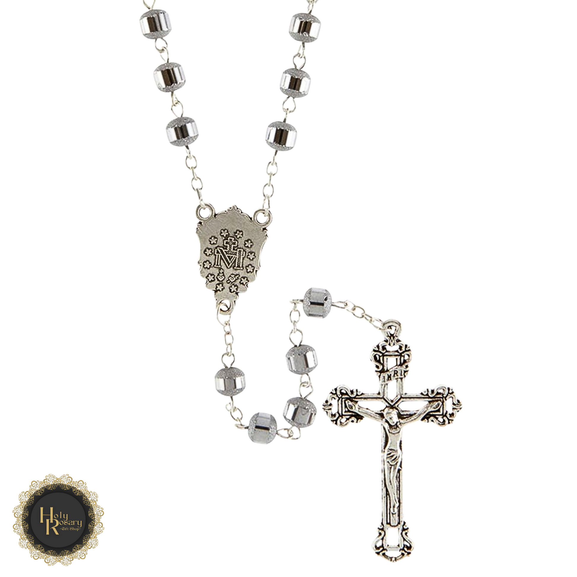 Close up of silver rosary necklace highlighting refined beads and cross a popular Catholic rosary necklace choice