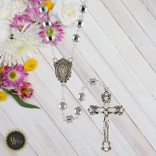 Silver rosary necklace for sale featuring delicate beads and cross ideal for Catholic devotion