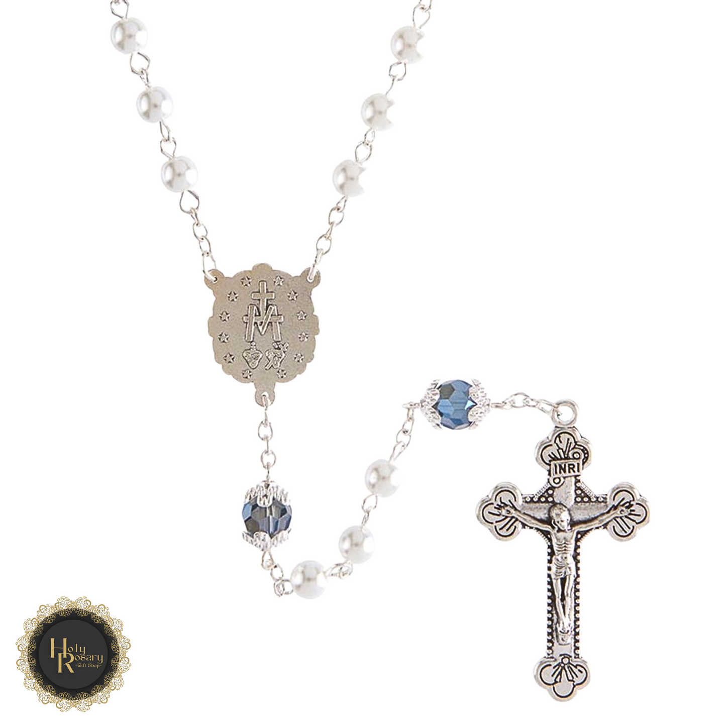 Beautiful White Pearl Rosary Necklace laid out on a soft background showing the shiny pearls