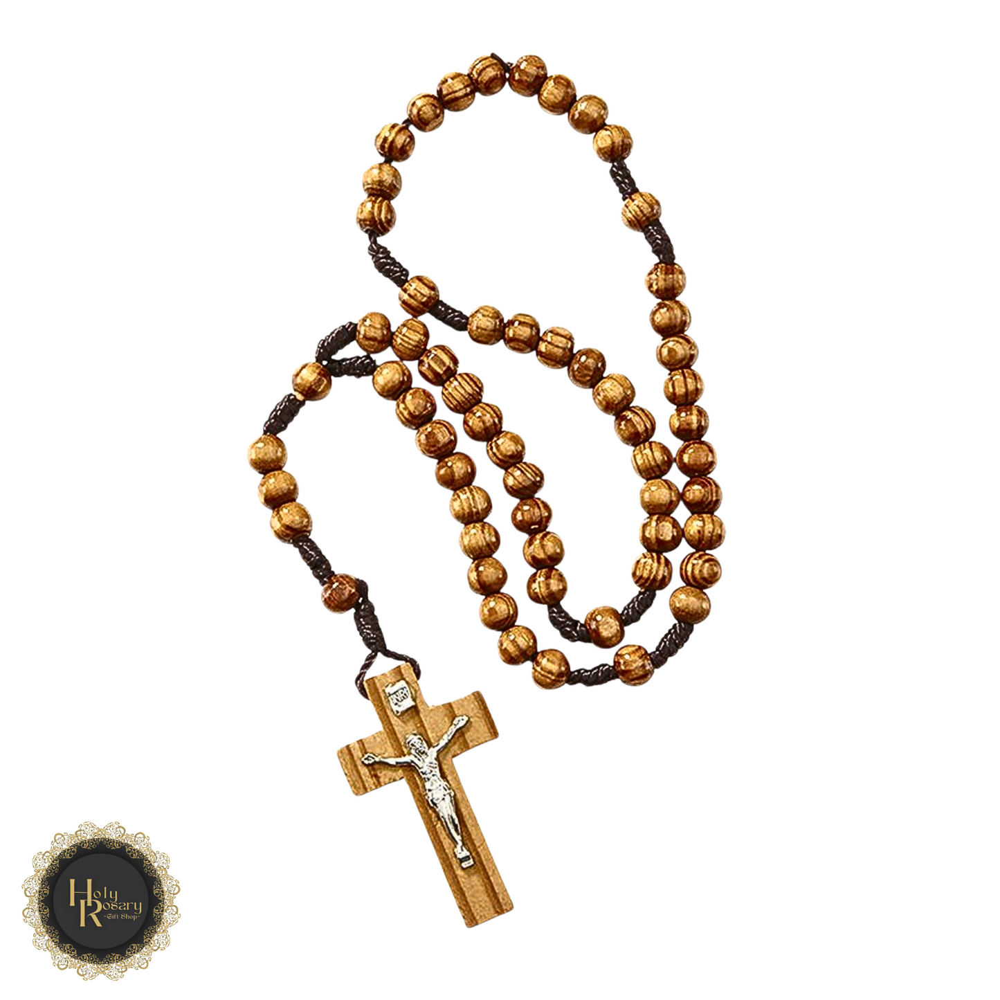 Close up of wooden rosary showing organic wood beads perfect for meditative prayer or religious ceremonies