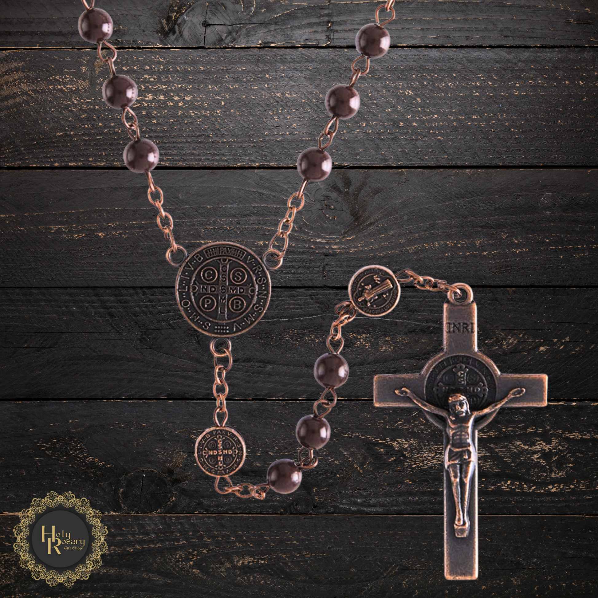 Catholic antique finish rosary necklace with timeless St. Benedict design