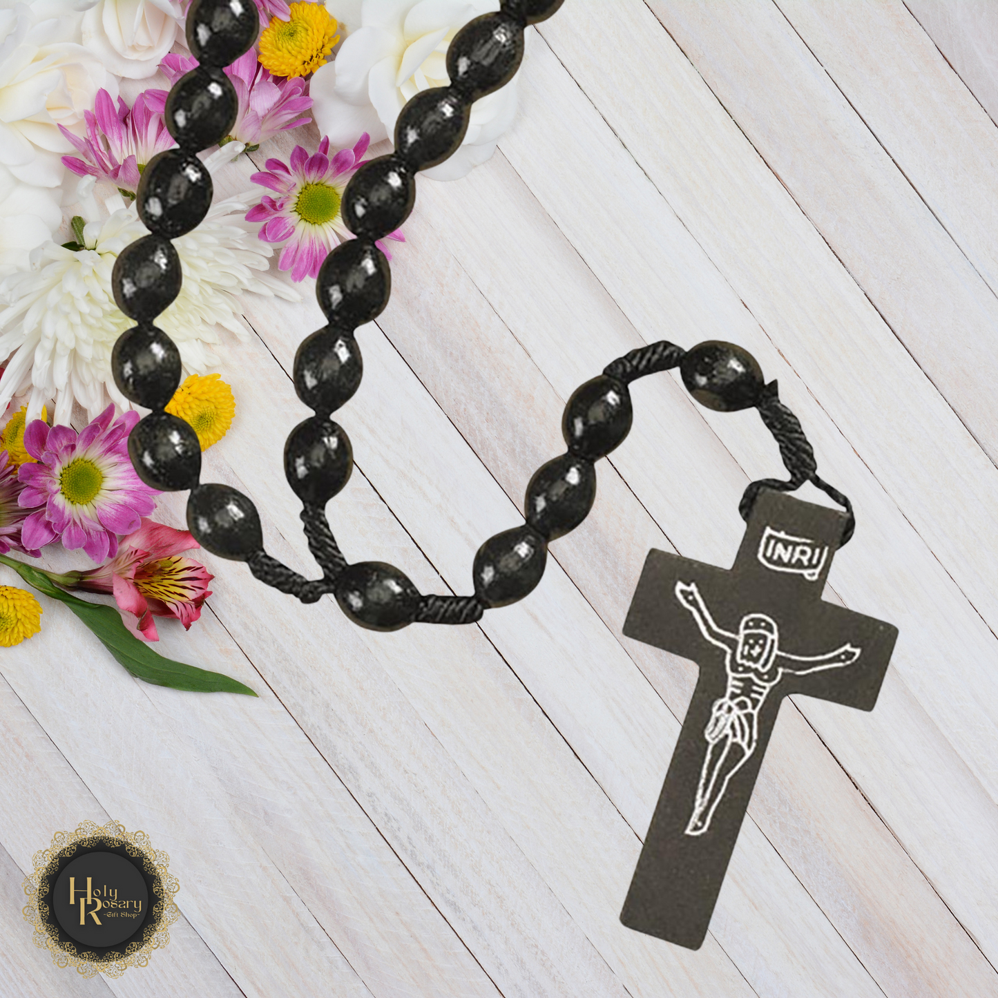 Handmade black Corded Rosary Beads with Wooden Beads and Detailed Crucifix, 14-inch Length