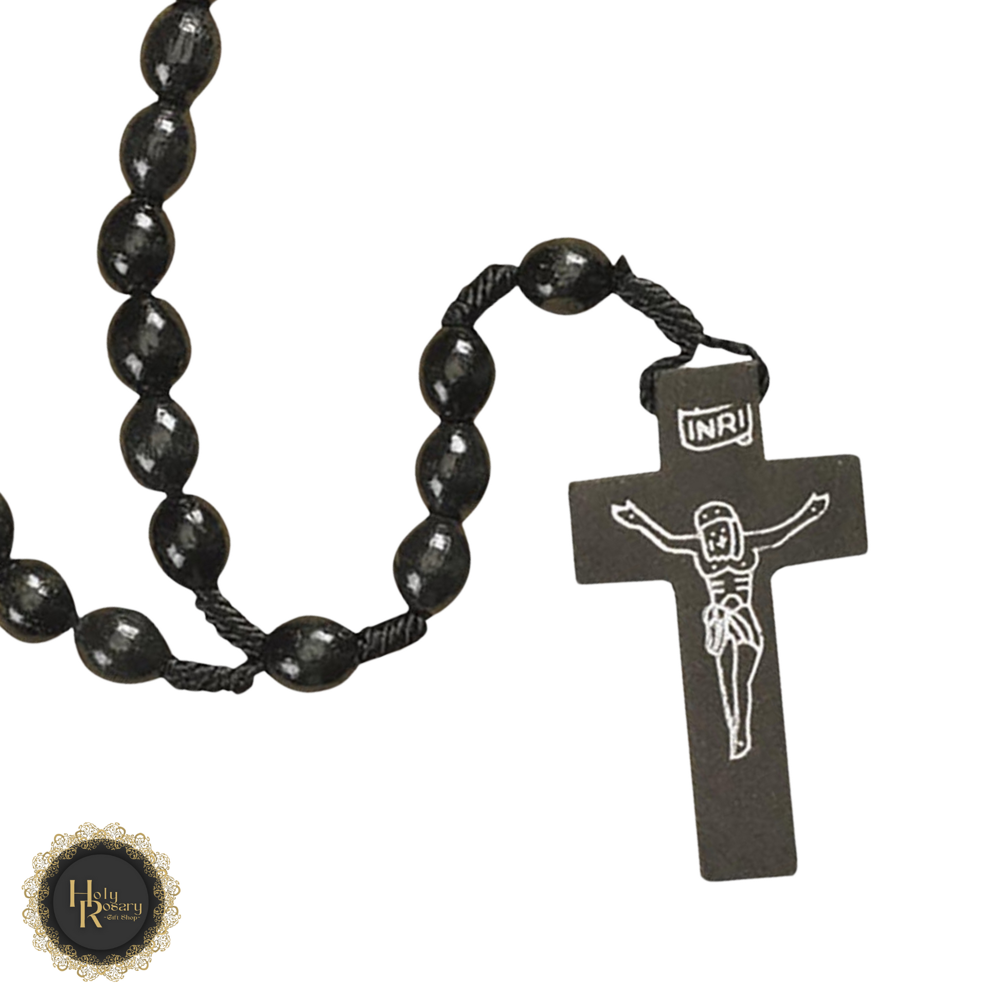 Detailed 1-3/4-inch Crucifix on Handmade Black Corded Rosary Beads