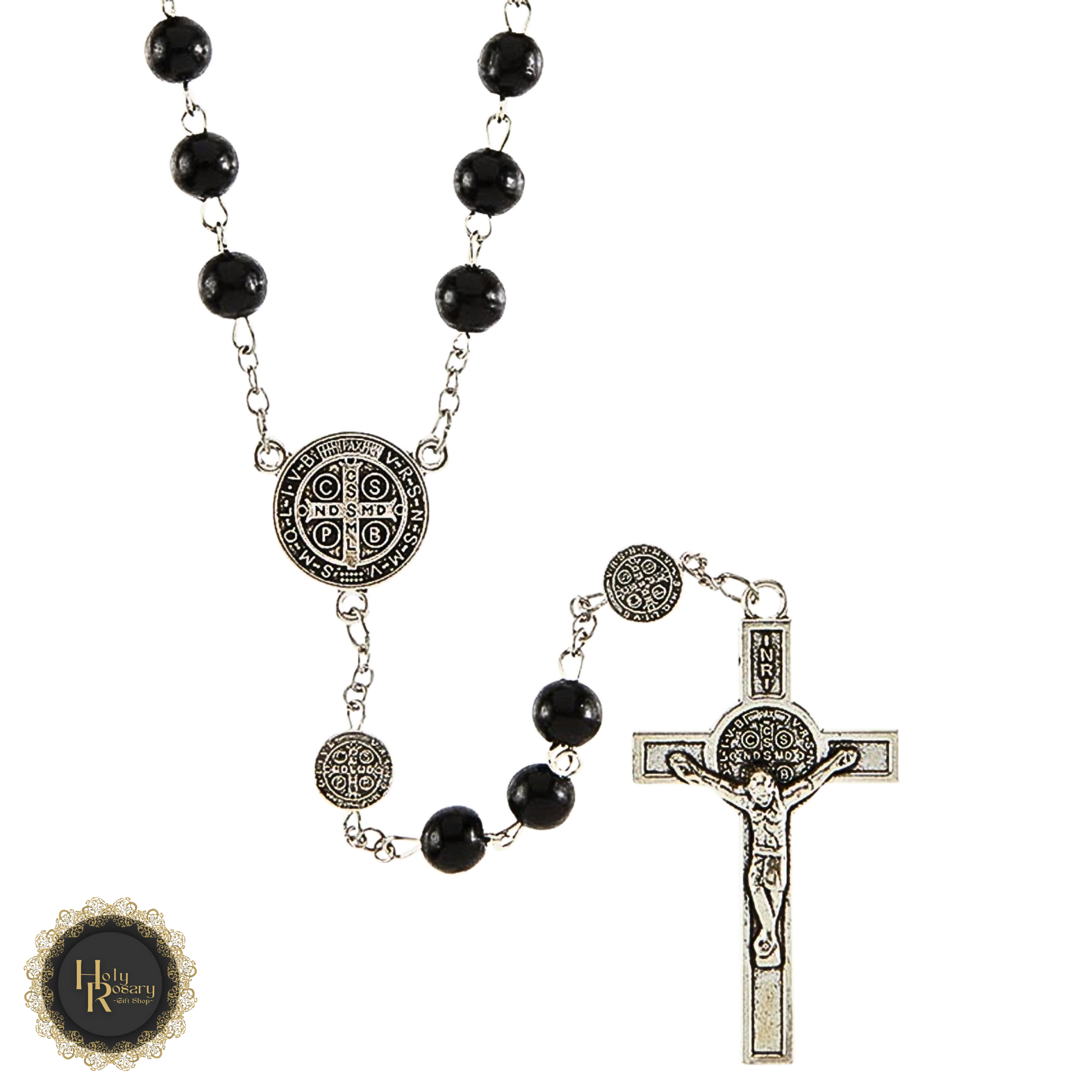 Beautifully crafted crucifix on black rosary beads with St. Benedict medals