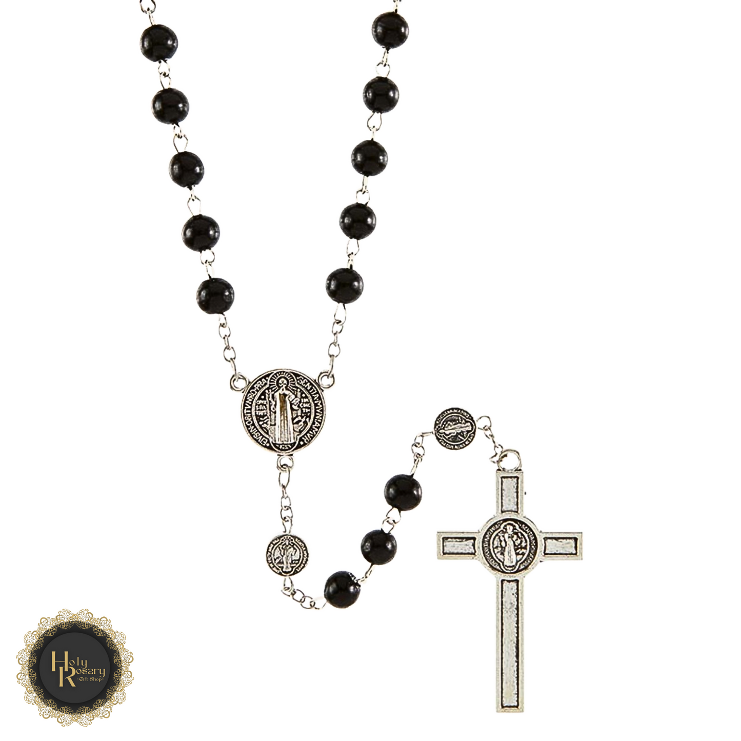 Full-display of black rosary beads with St. Benedict medals and durable construction