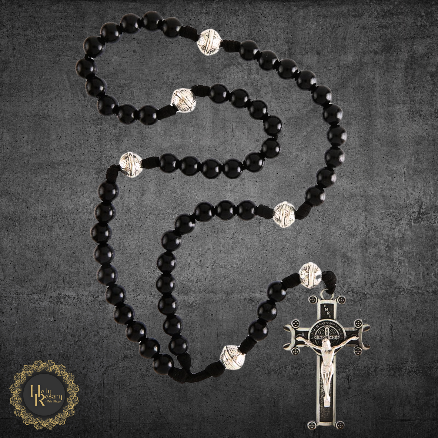 Black rosary for sale featuring all black cord for religious use