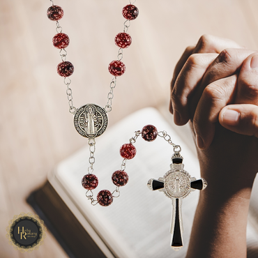 Catholic gifts featuring red rosary beads in marble and prayer necklaces