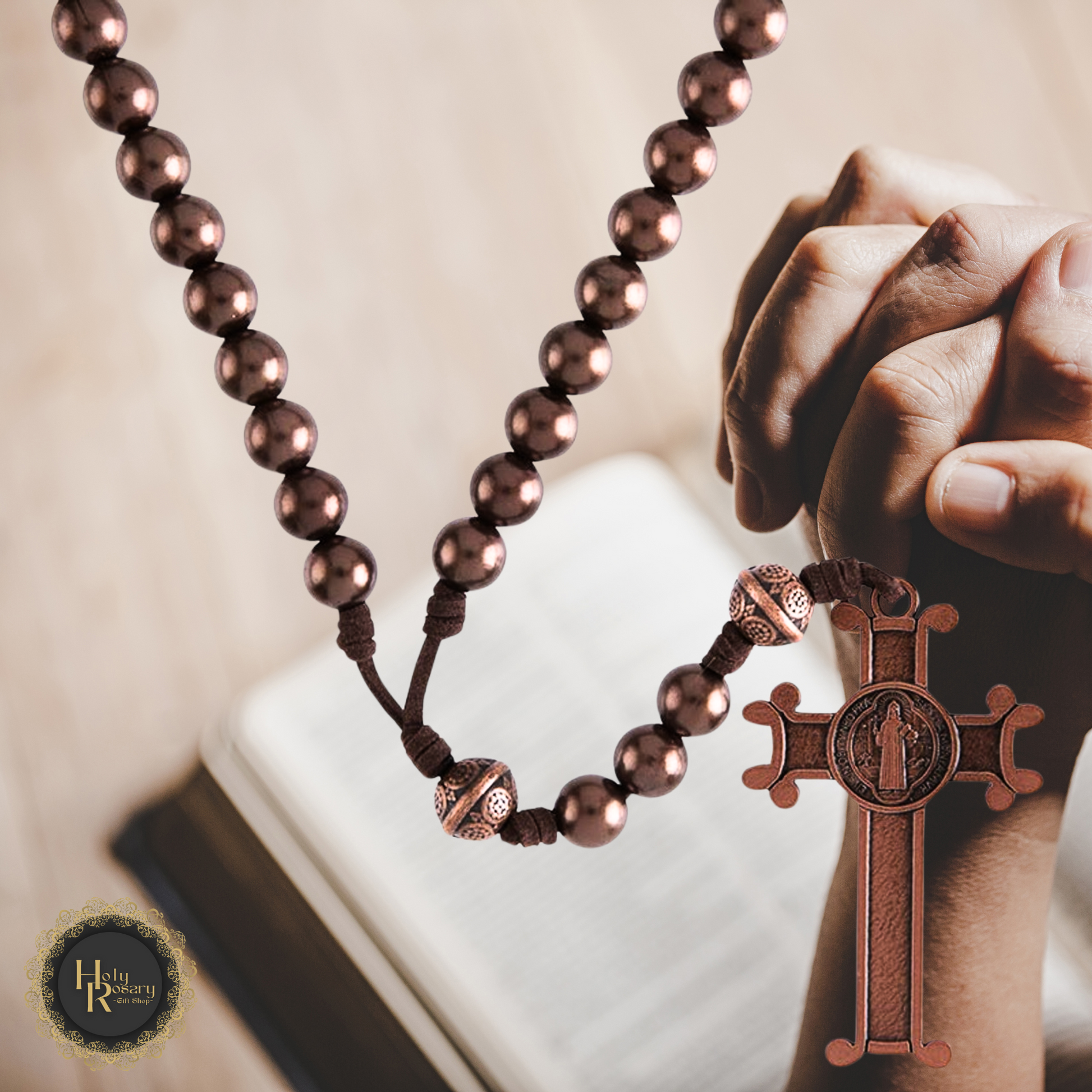 Catholic gifts featuring traditional wooden rosary beads and prayer necklaces