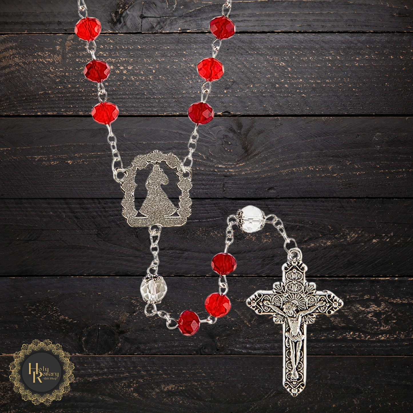 catholic crystal rosary beads for sale with luminous red and clear crystals