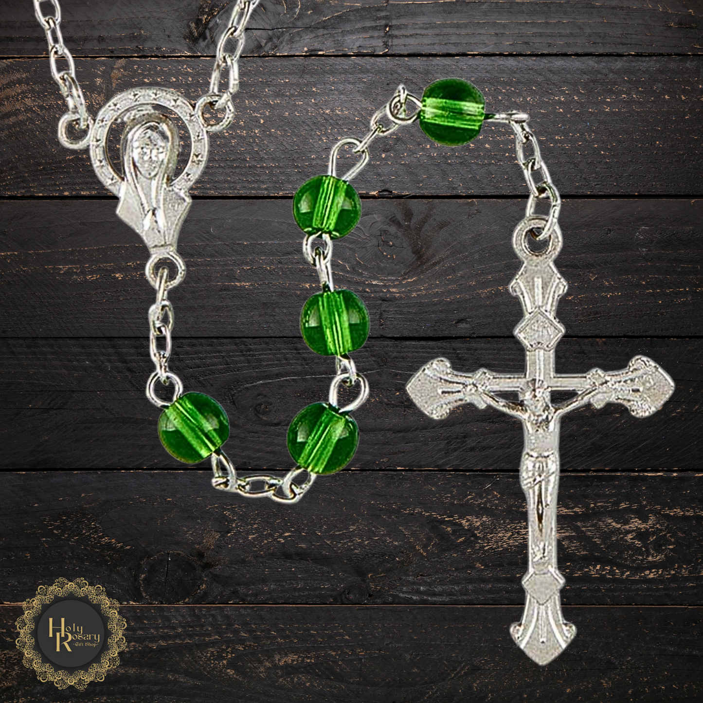 catholic emerald green rosary for sale with gift-ready acrylic box