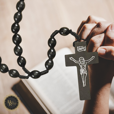 Close-up of 7 x 8 mm Wooden Black Rosary Beads and 1-3/4-inch Detailed Crucifix